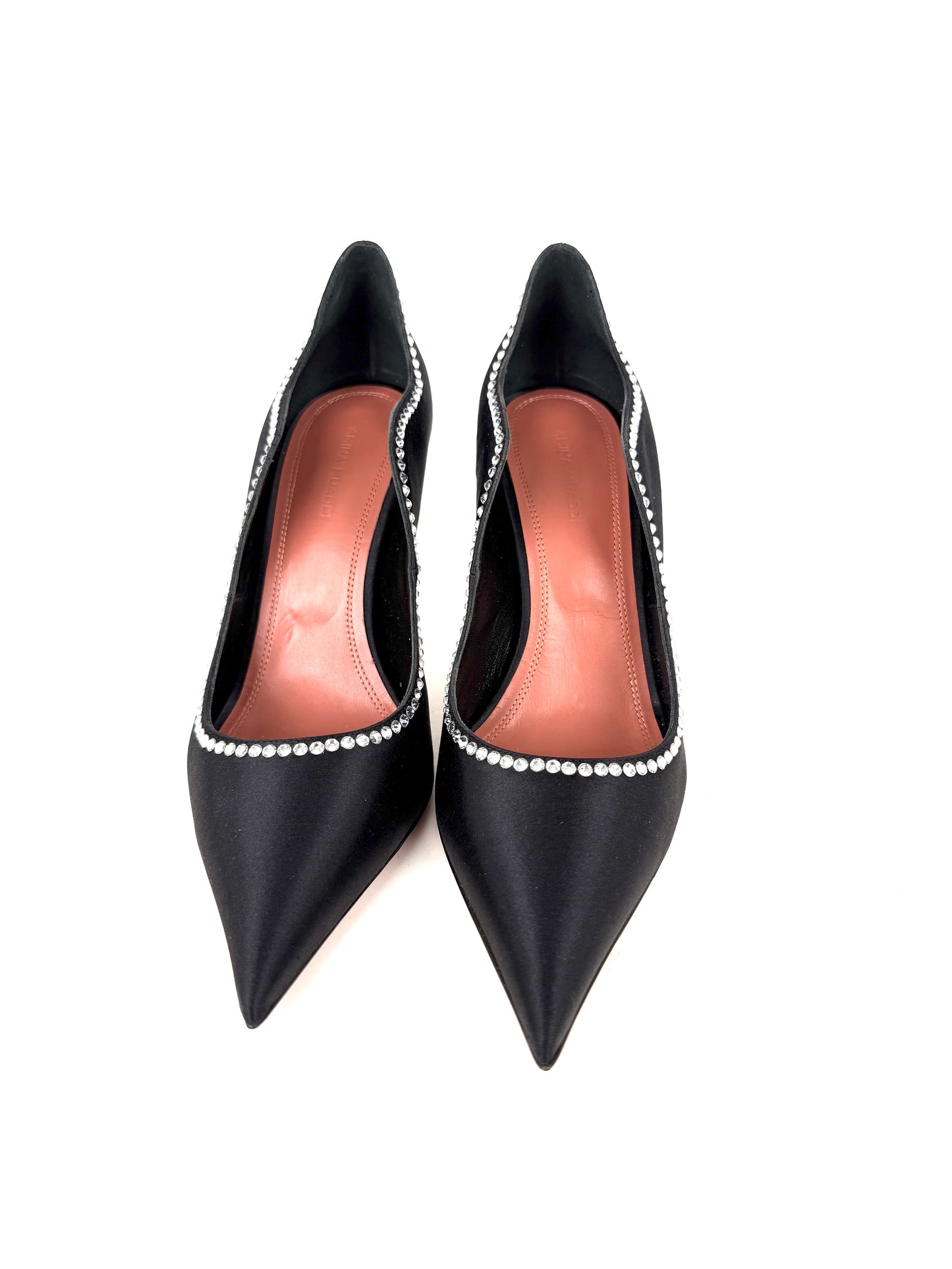 Amina Muaddi Romy Raso Crystal Black Satin Pumps 38, 7.5