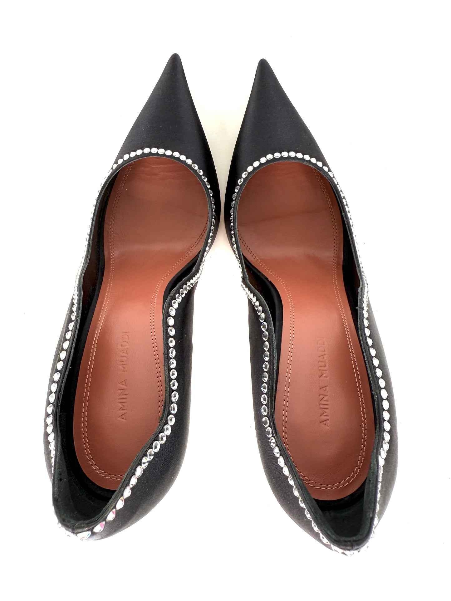 Amina Muaddi Romy Raso Crystal Black Satin Pumps 38, 7.5