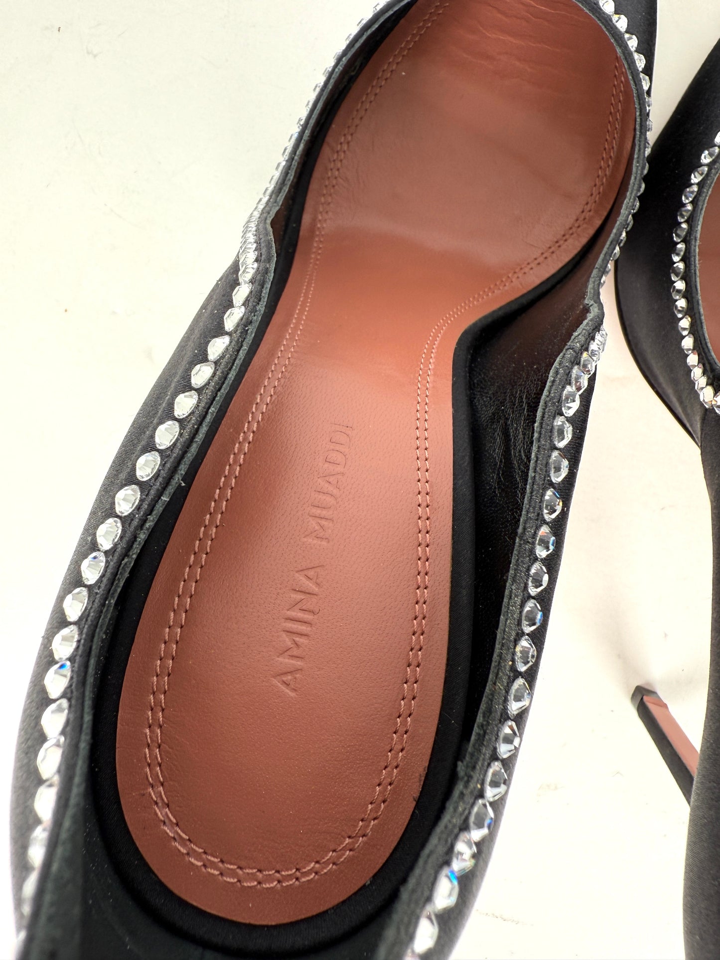 Amina Muaddi Romy Raso Crystal Black Satin Pumps 38, 7.5