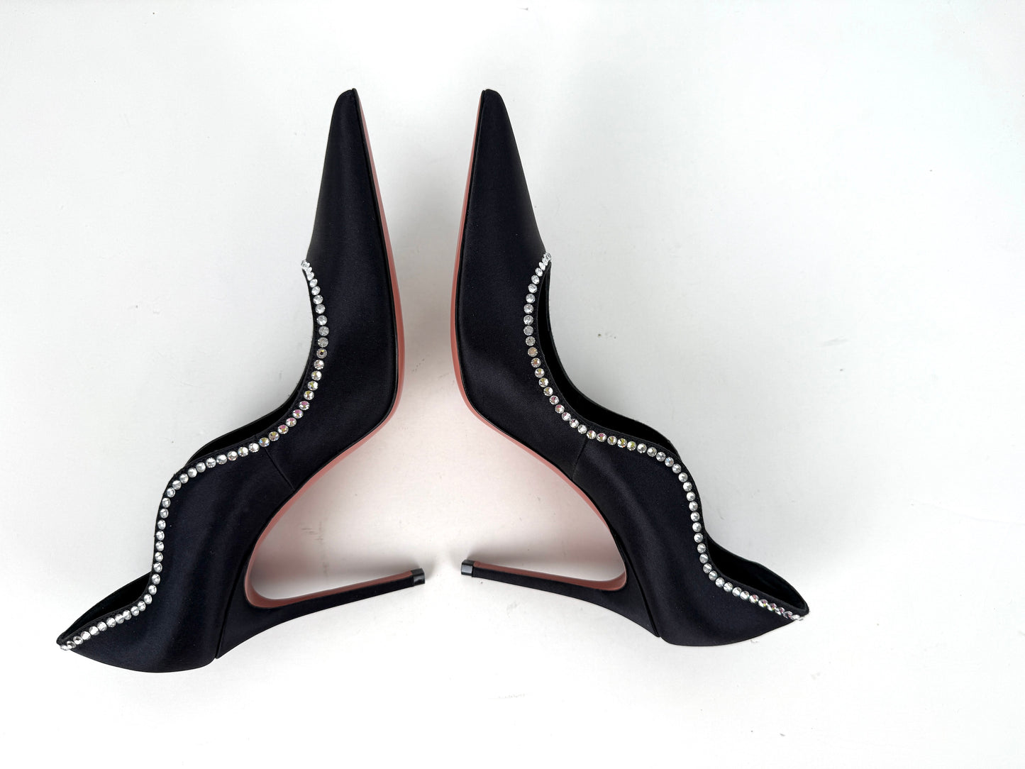 Amina Muaddi Romy Raso Crystal Black Satin Pumps 38, 7.5