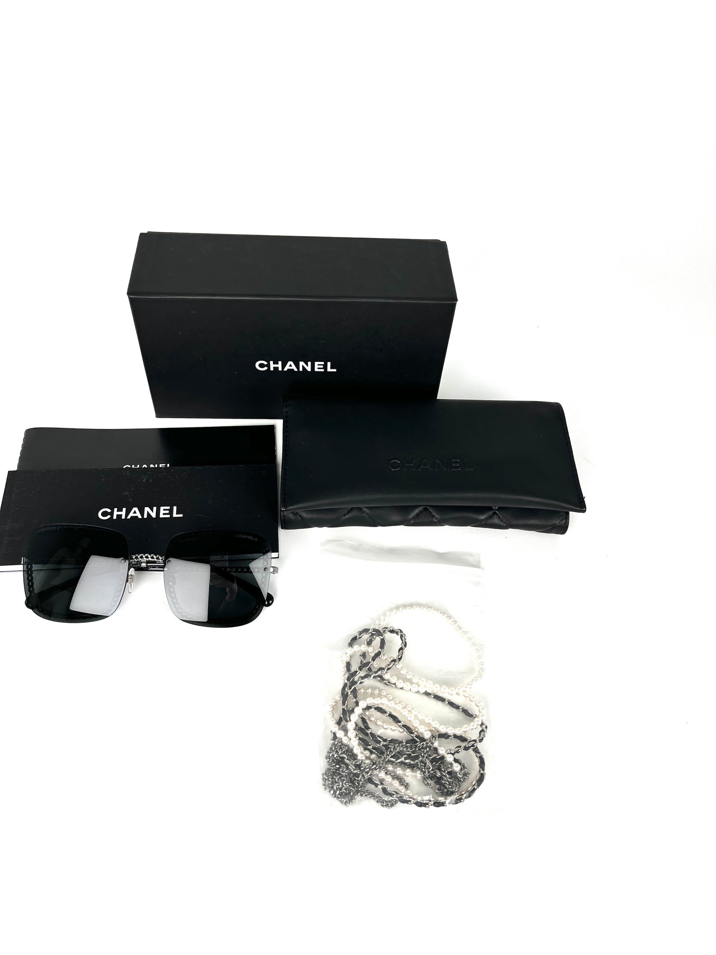 CHANEL Square 4244 Chain Signature Black Silver Faux Pearl Sunglasses