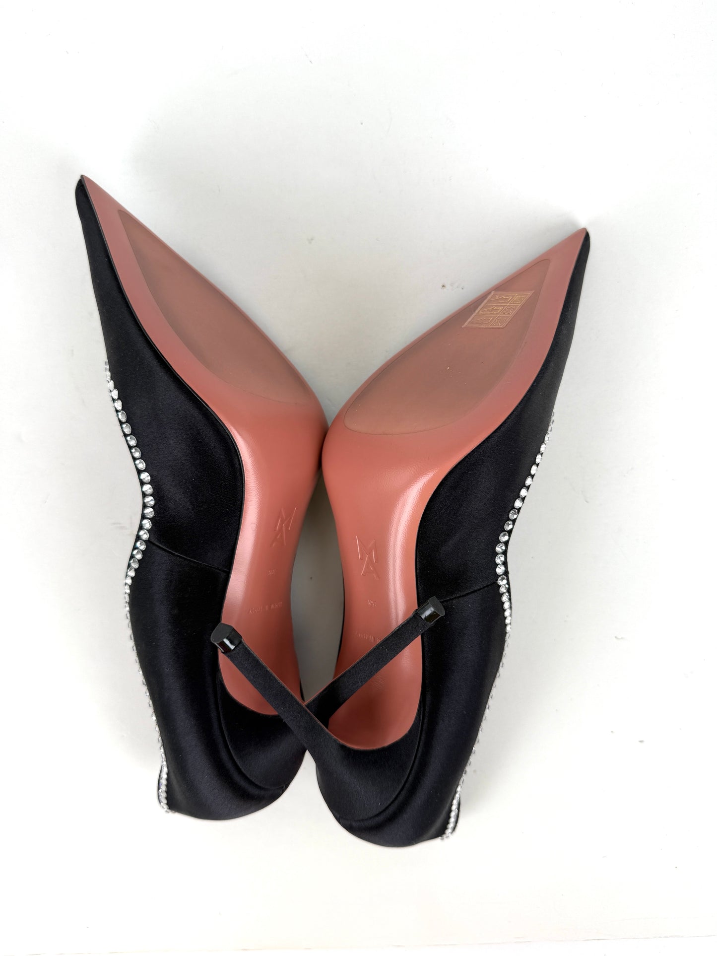 Amina Muaddi Romy Raso Crystal Black Satin Pumps 38, 7.5