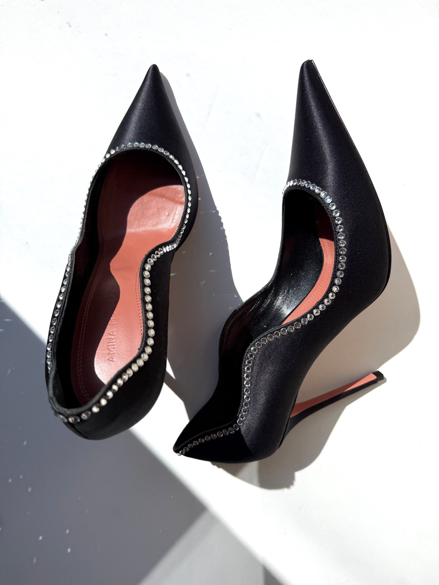 Amina Muaddi Romy Raso Crystal Black Satin Pumps 38, 7.5
