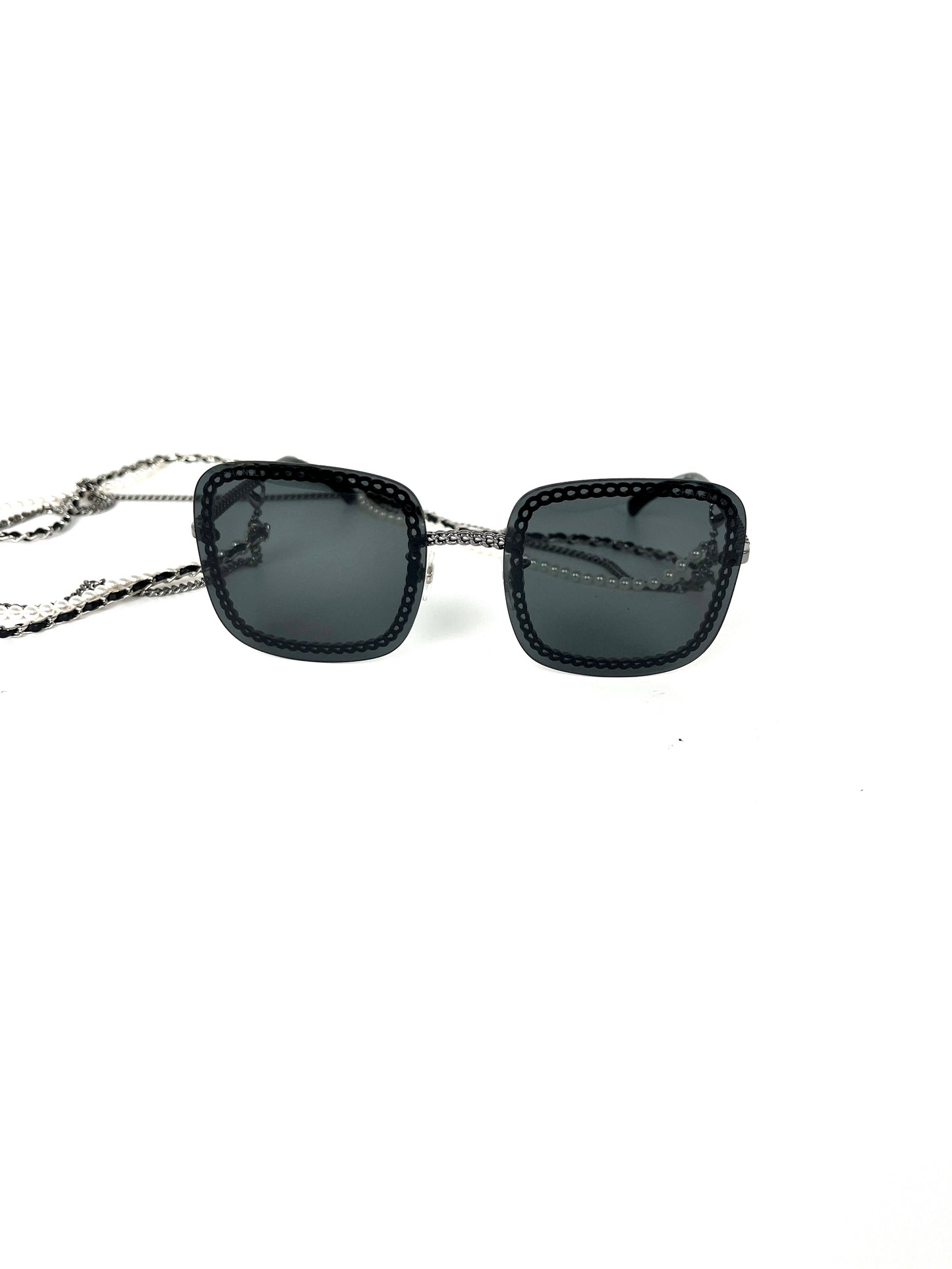 CHANEL Square 4244 Chain Signature Black Silver Faux Pearl Sunglasses