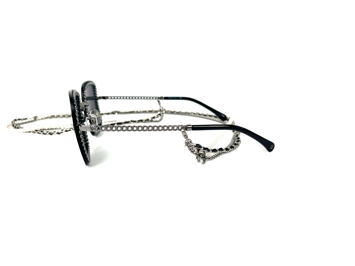 CHANEL Square 4244 Chain Signature Black Silver Faux Pearl Sunglasses
