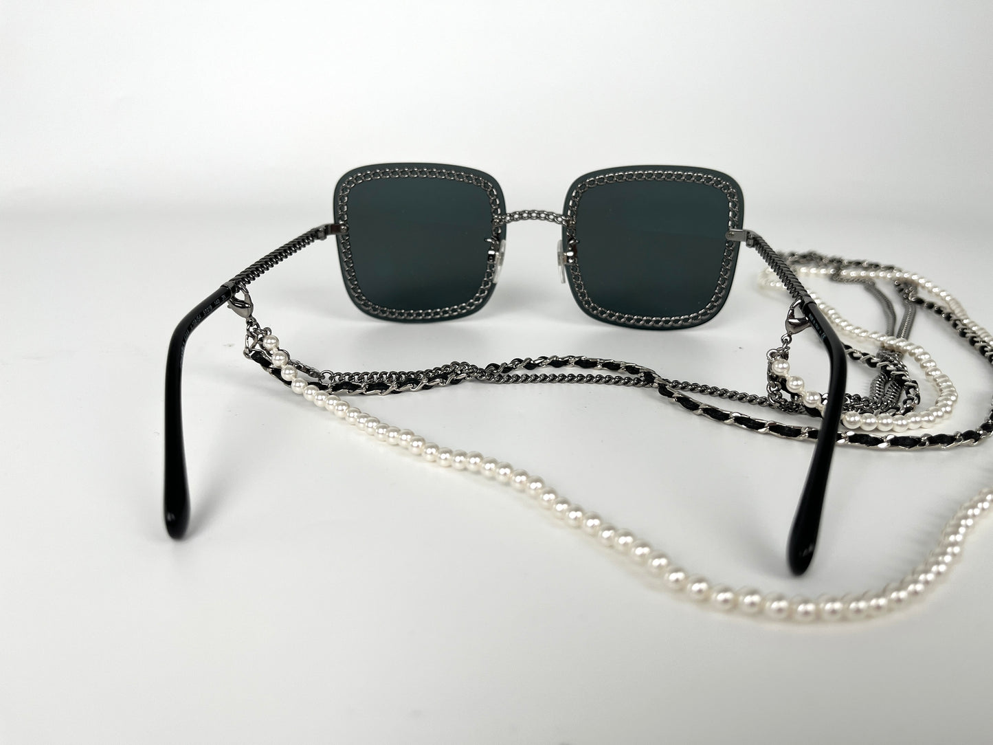 CHANEL Square 4244 Chain Signature Black Silver Faux Pearl Sunglasses