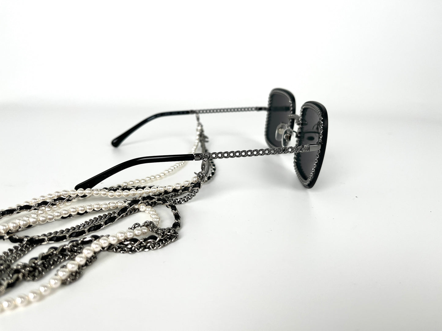 CHANEL Square 4244 Chain Signature Black Silver Faux Pearl Sunglasses
