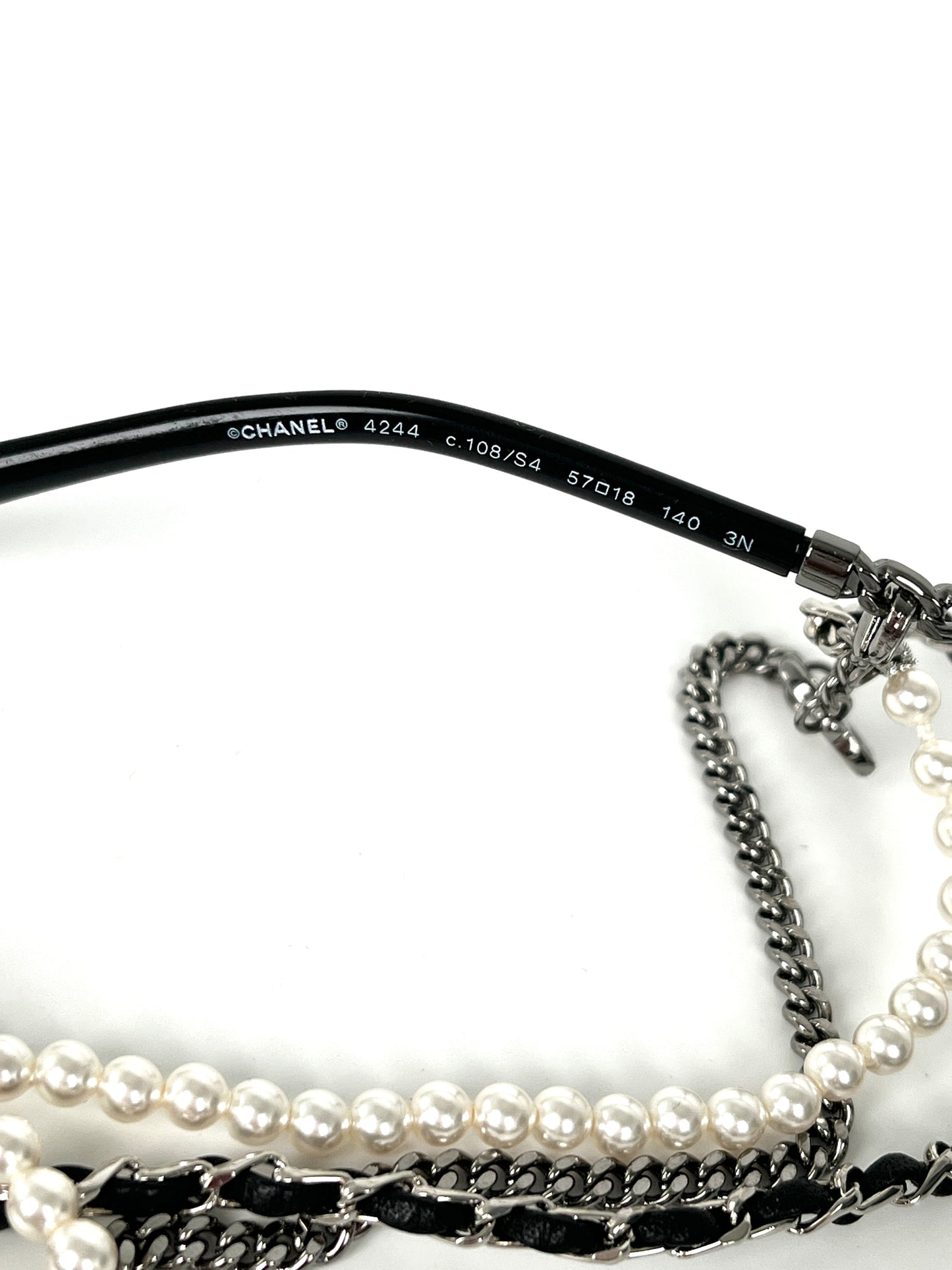CHANEL Square 4244 Chain Signature Black Silver Faux Pearl Sunglasses