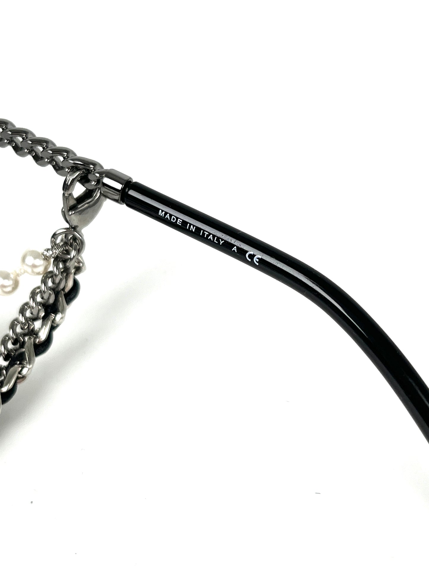 CHANEL Square 4244 Chain Signature Black Silver Faux Pearl Sunglasses