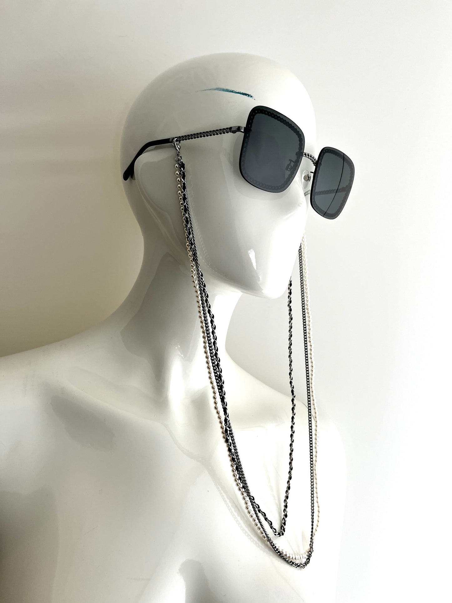 CHANEL Square 4244 Chain Signature Black Silver Faux Pearl Sunglasses
