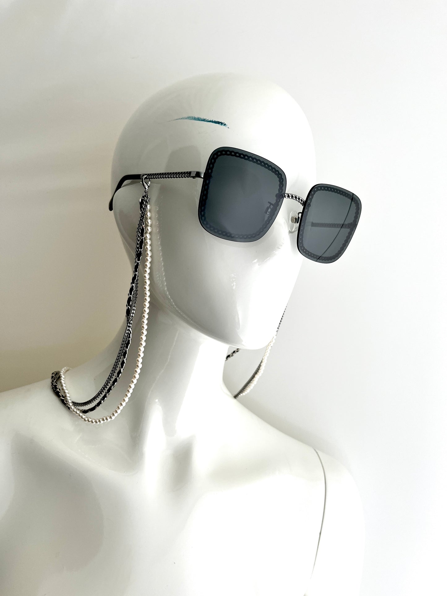 CHANEL Square 4244 Chain Signature Black Silver Faux Pearl Sunglasses