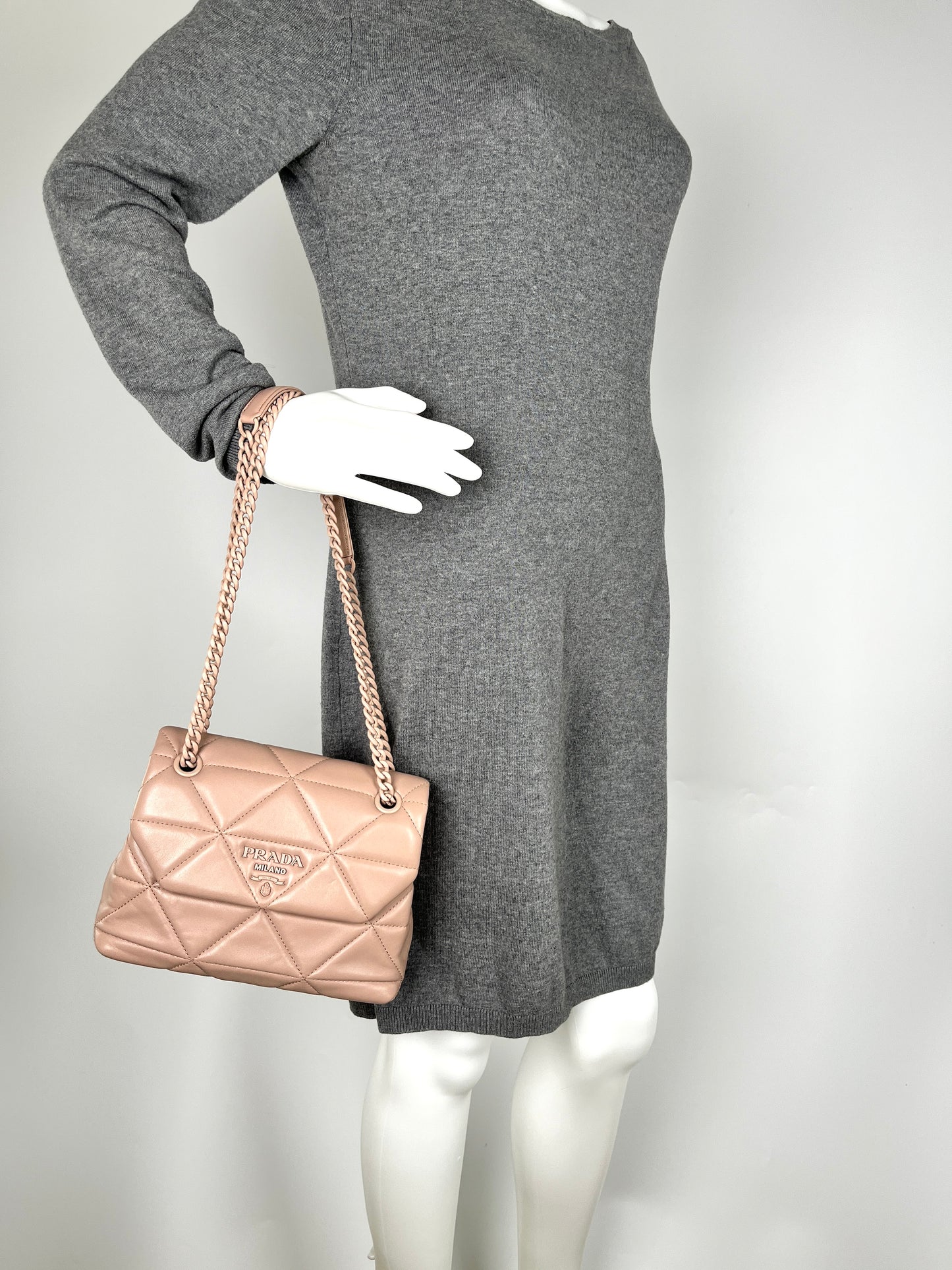 PRADA Nappa Triangle Stitched Small Spectrum Blush Neutral Flap Bag