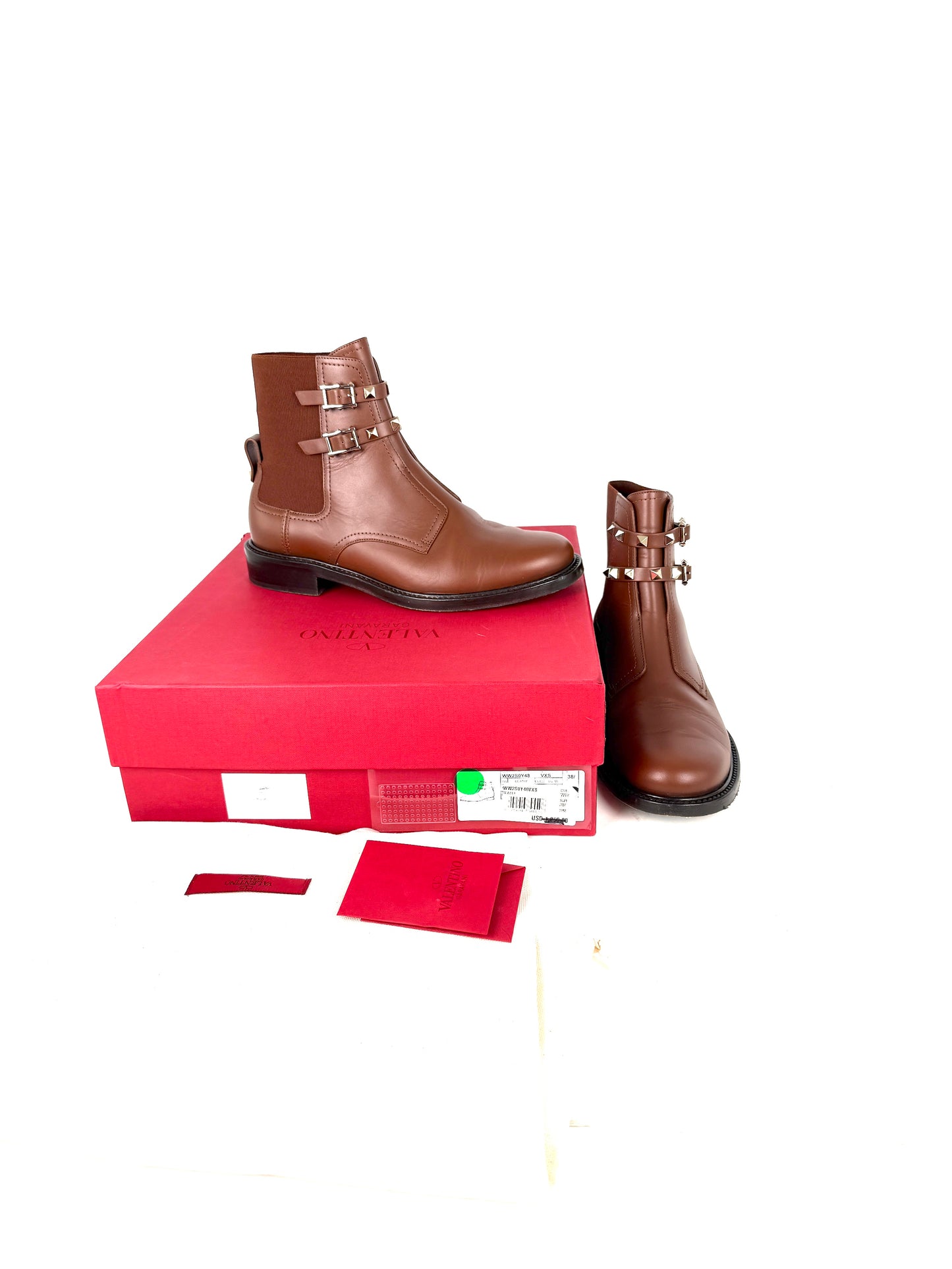 VALENTINO Beatle Buckle Rockstud Brown Leather Ankle Boots 38.5, 8