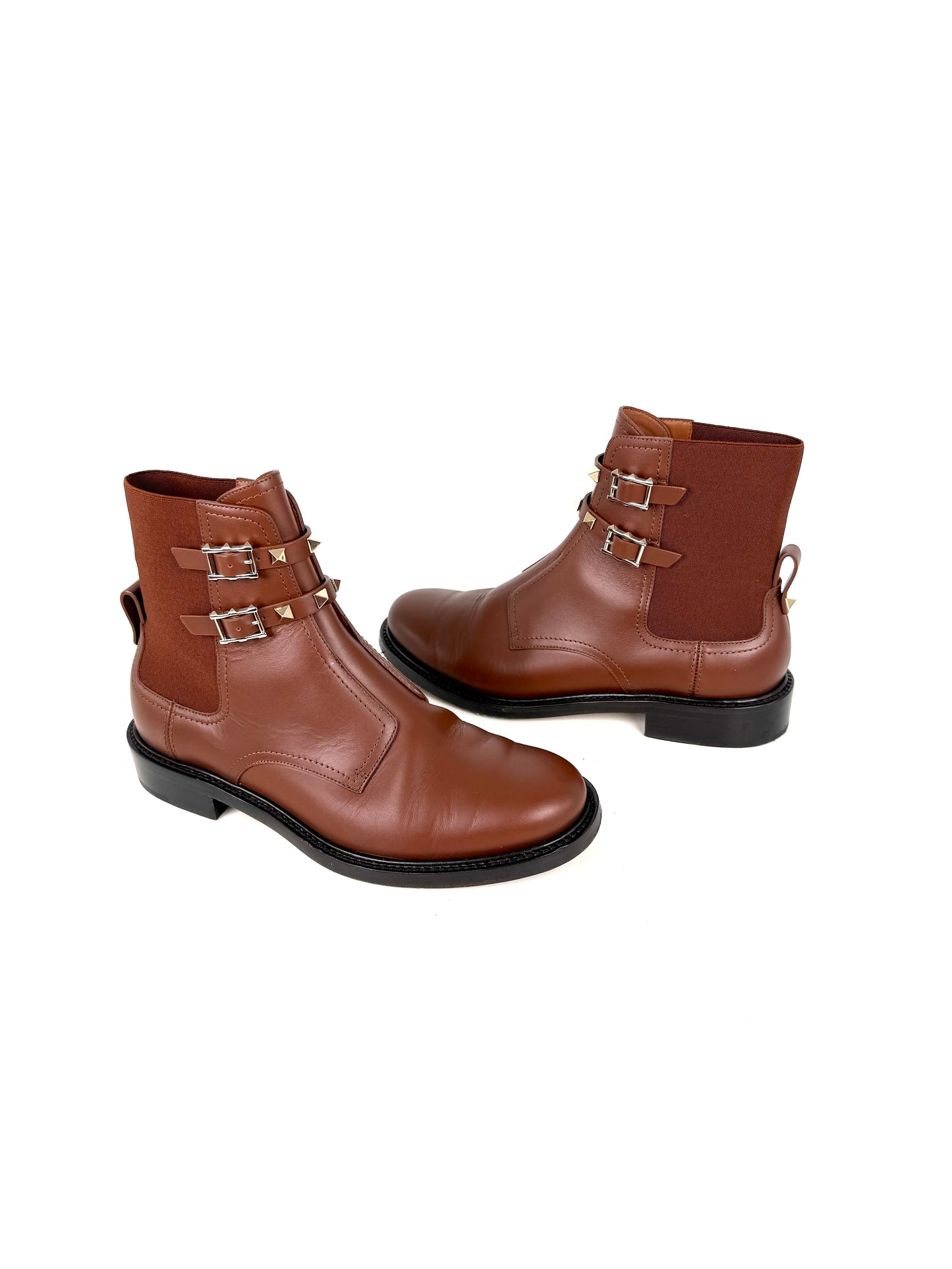 VALENTINO Beatle Buckle Rockstud Brown Leather Ankle Boots 38.5, 8
