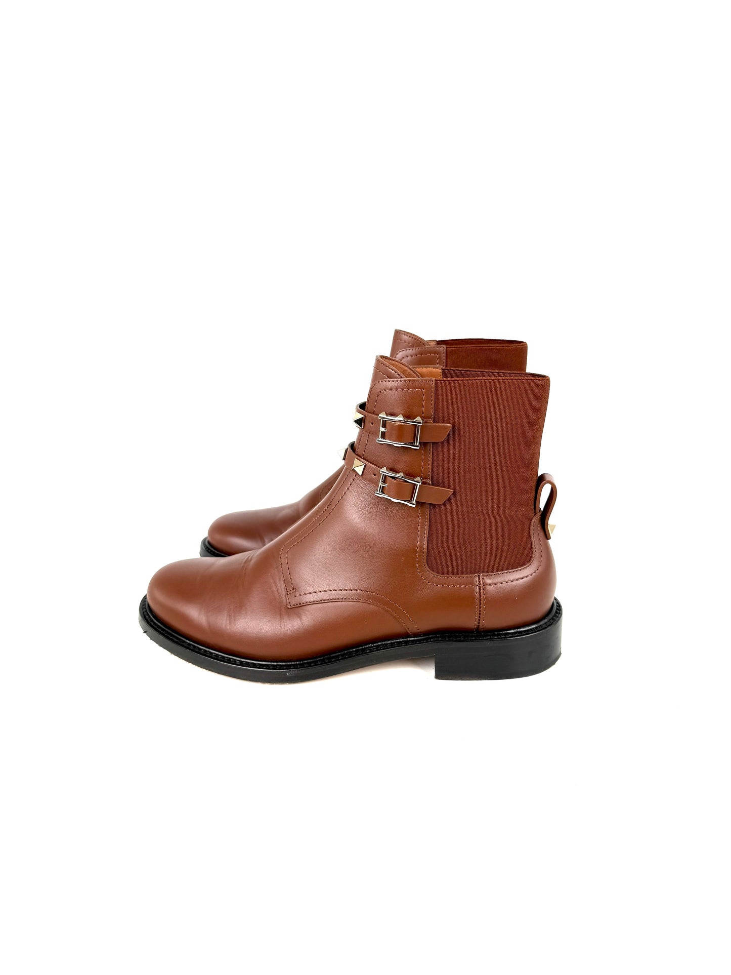 VALENTINO Beatle Buckle Rockstud Brown Leather Ankle Boots 38.5, 8