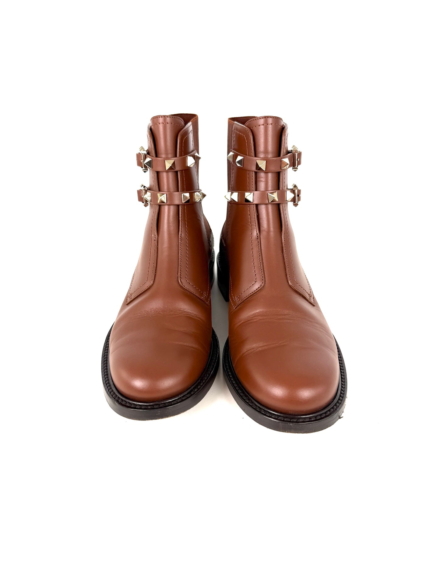VALENTINO Beatle Buckle Rockstud Brown Leather Ankle Boots 38.5, 8