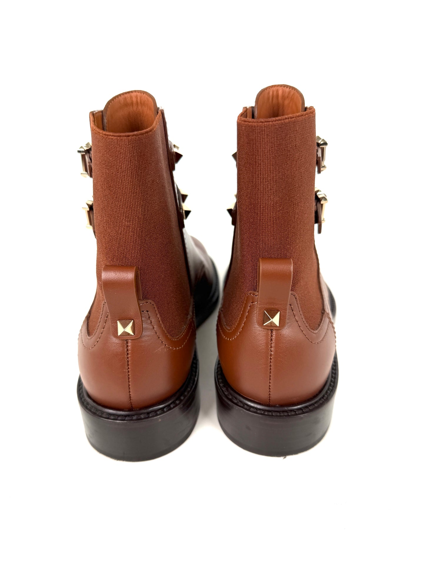 VALENTINO Beatle Buckle Rockstud Brown Leather Ankle Boots 38.5, 8