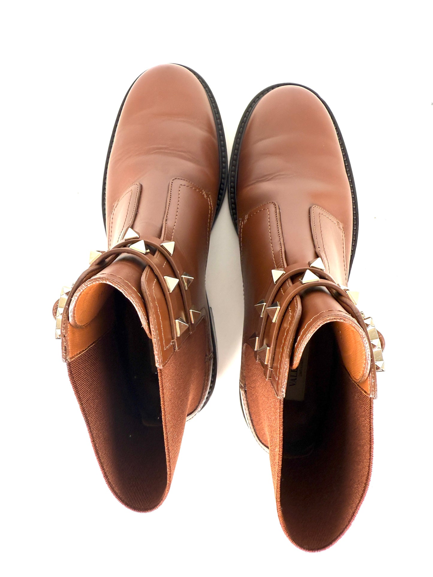 VALENTINO Beatle Buckle Rockstud Brown Leather Ankle Boots 38.5, 8
