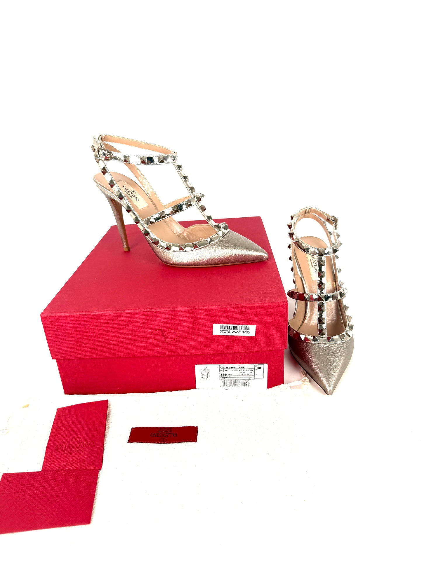 New VALENTINO Rockstud T Strap Pewter Silver Leather Ankle Strap Heel Pumps 38, 8