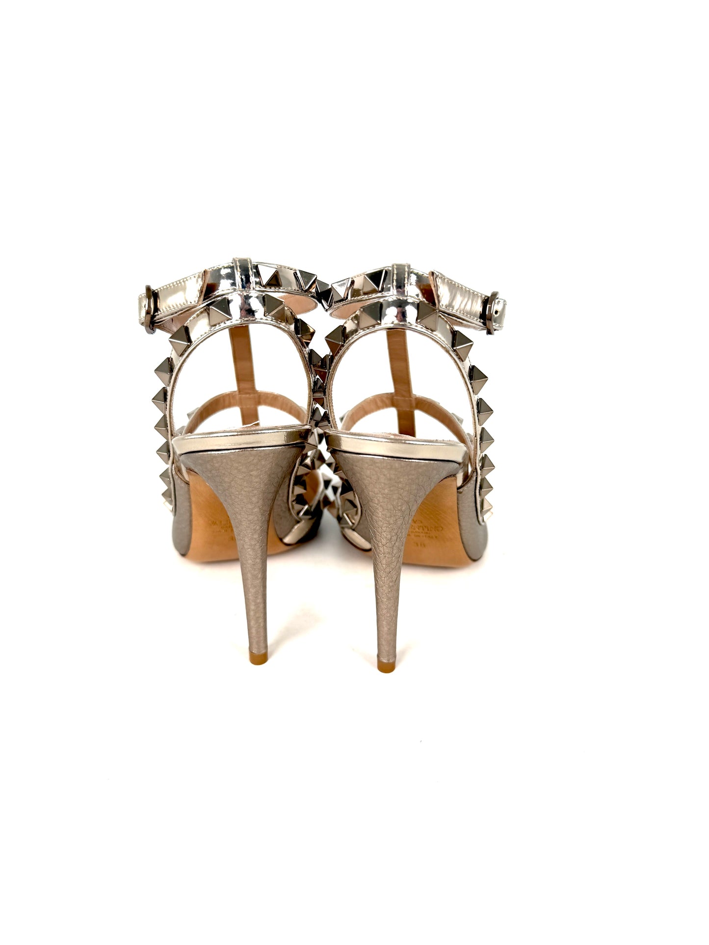 New VALENTINO Rockstud T Strap Pewter Silver Leather Ankle Strap Heel Pumps 38, 8