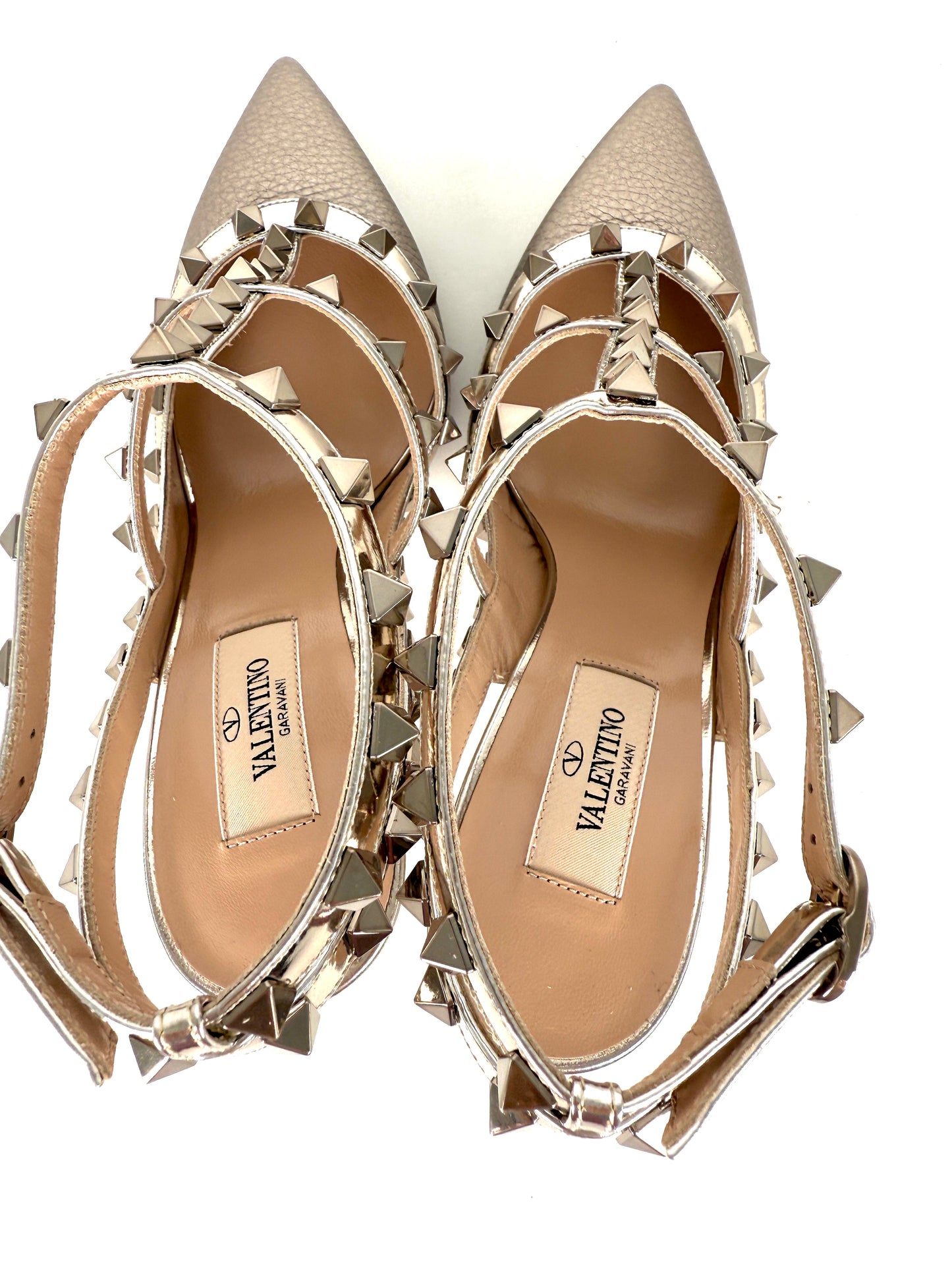 New VALENTINO Rockstud T Strap Pewter Silver Leather Ankle Strap Heel Pumps 38, 8