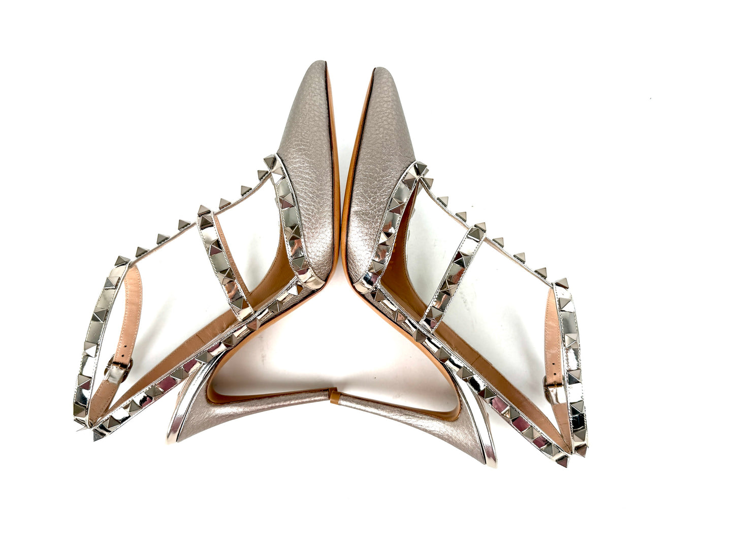 New VALENTINO Rockstud T Strap Pewter Silver Leather Ankle Strap Heel Pumps 38, 8