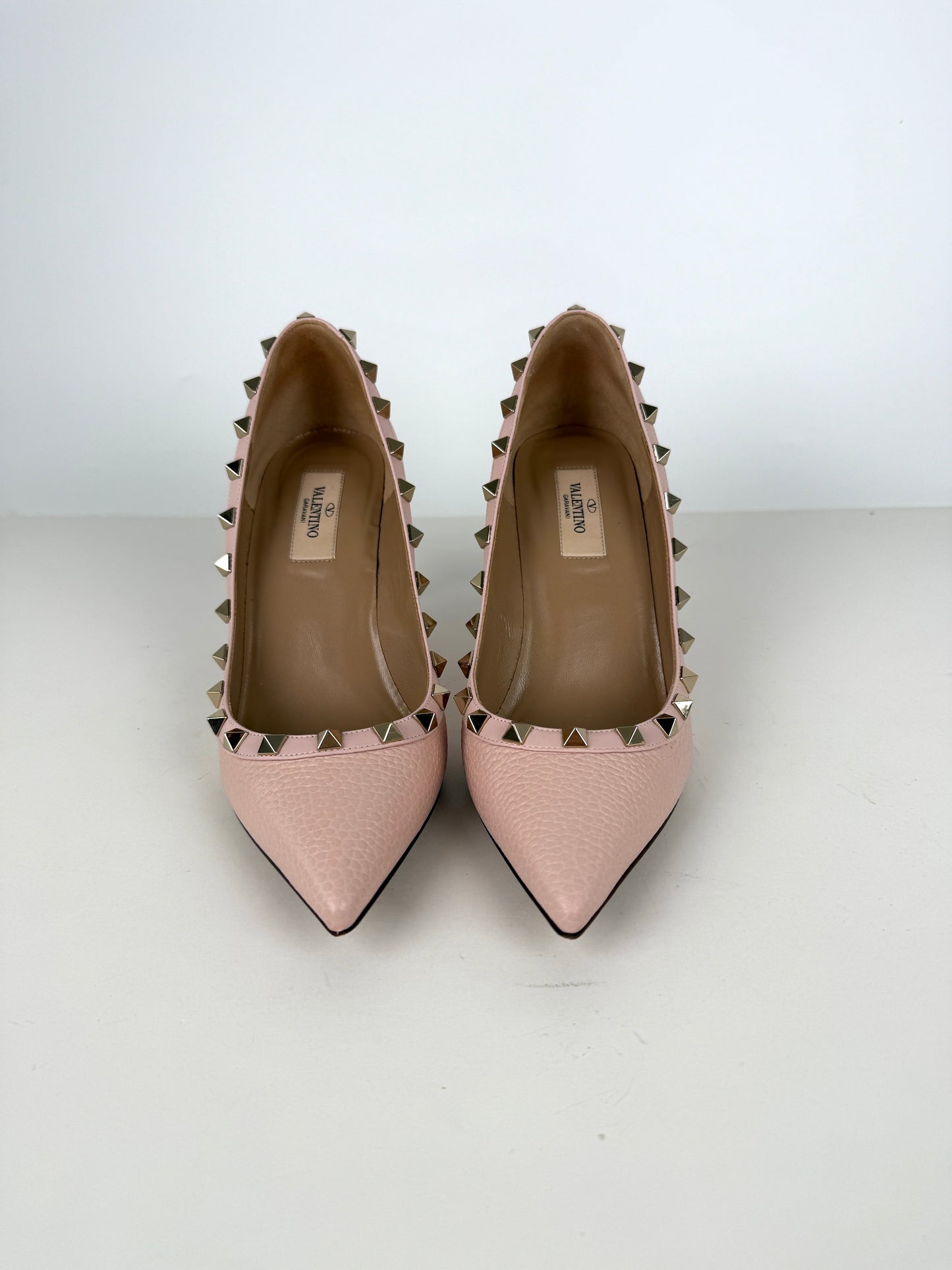 VALENTINO Rockstud Light Pink Leather Heel Pumps 37.5, 7.5