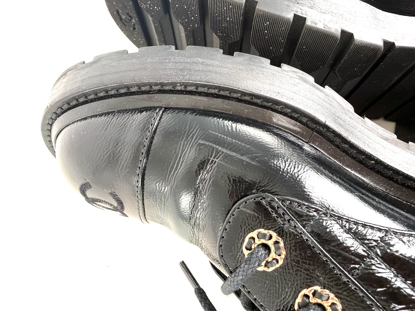 CHANEL Cap Toe CC Black Quilted Block Heel Combat Ankle Boots 37.5, 7
