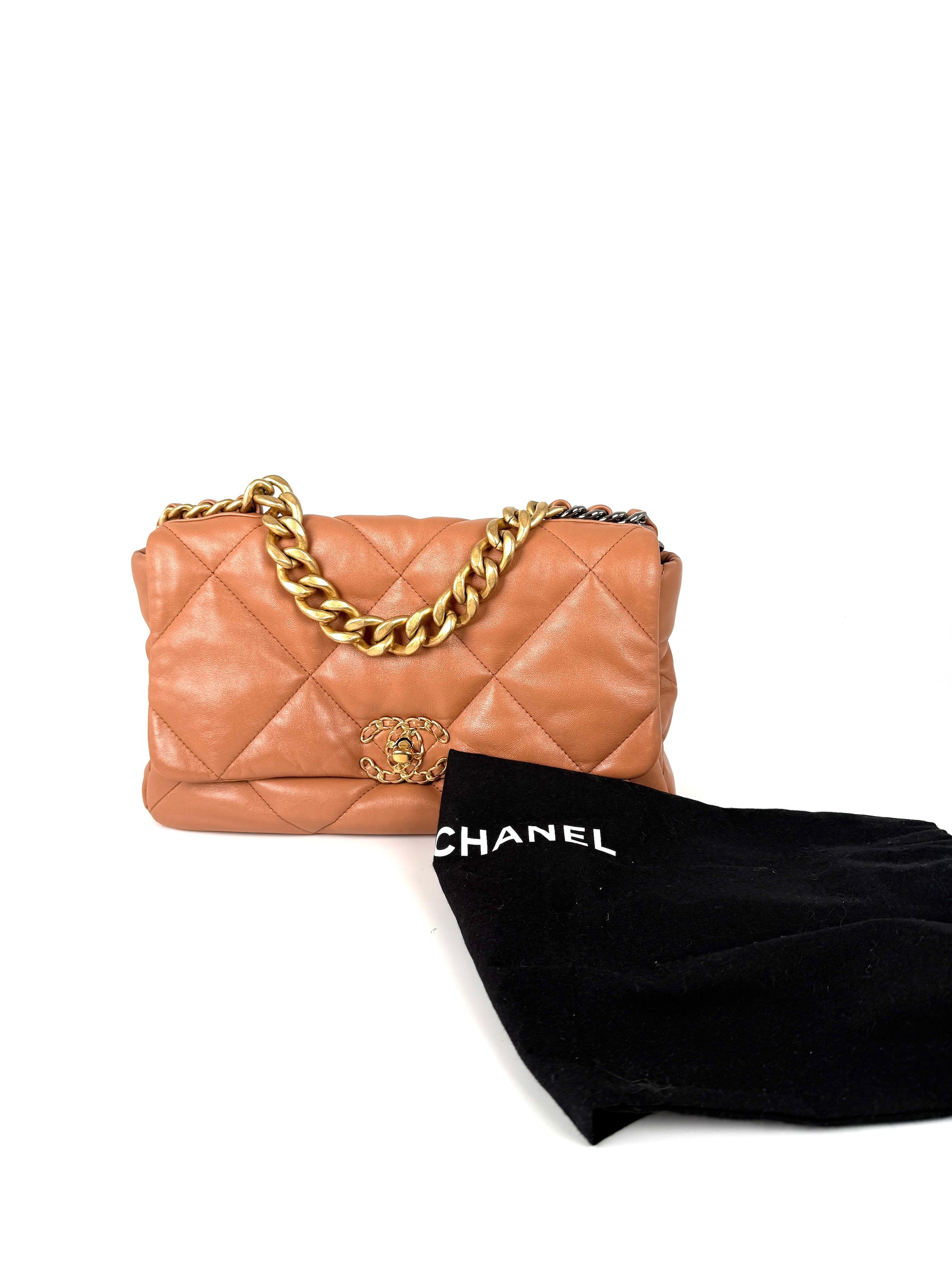 CHANEL 19 2021 Large Brown Quilted Gold Hardware Flap Bag Resale