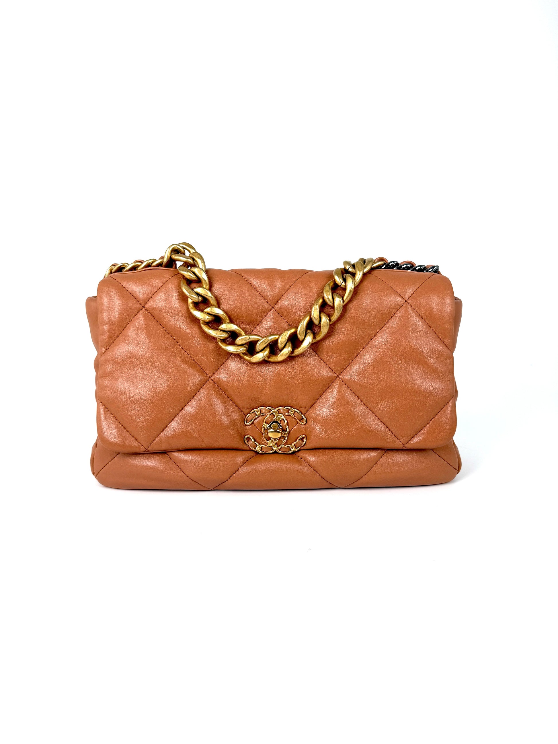 CHANEL 19 2021 Large Brown Quilted Gold Hardware Flap Bag Designer consignment