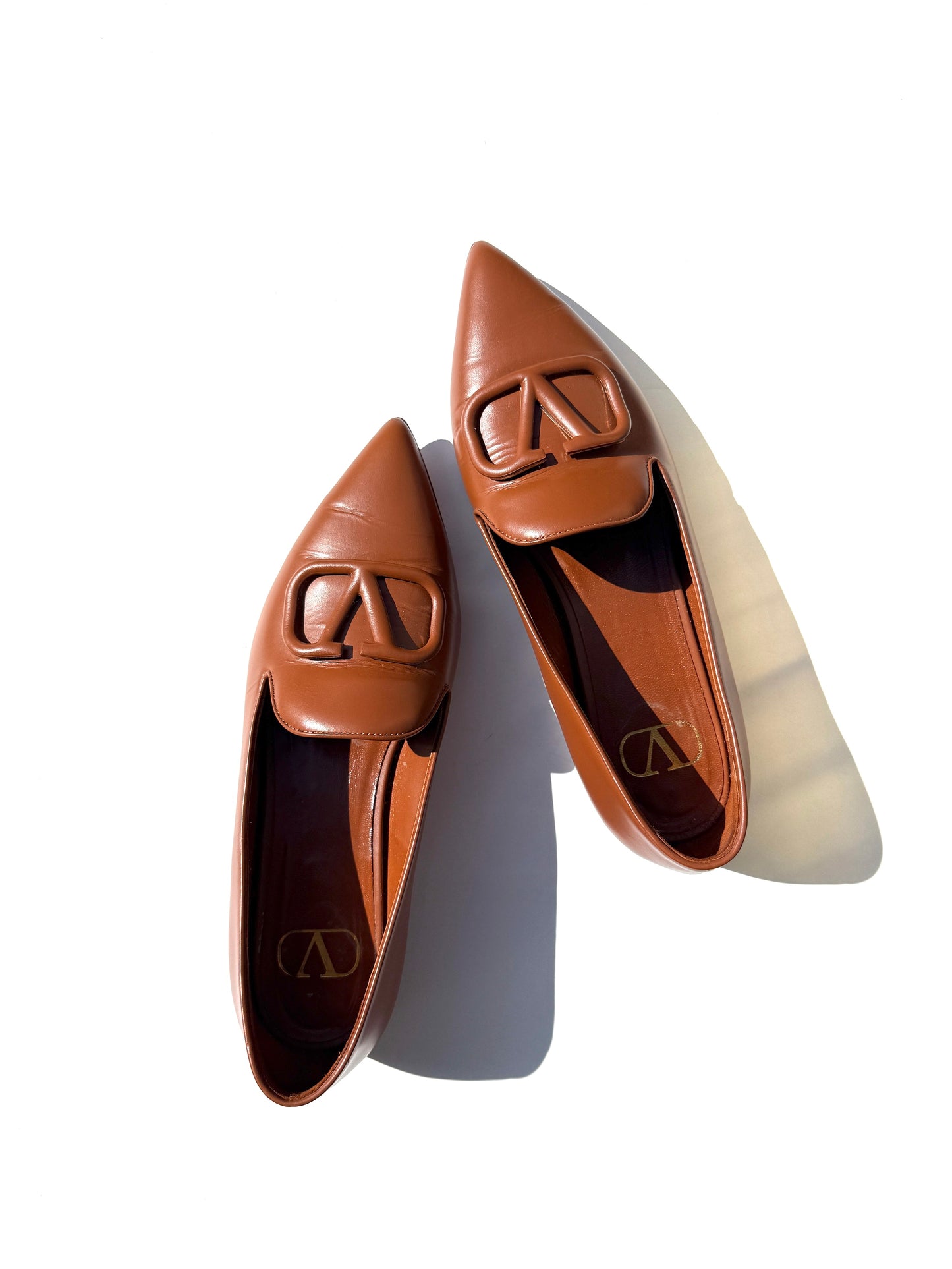 VALENTINO Brown Leather Slipper Pointed Toe Flats 38, 7.5