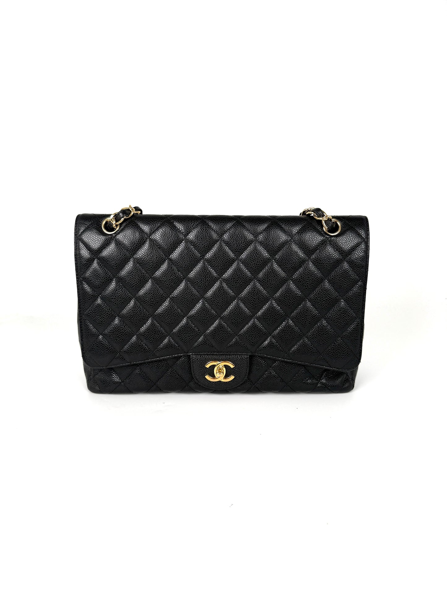 CHANEL Maxi Jumbo Classic Black Caviar Quilted Gold Hardware Single Flap Shoulder Crossbody Bag