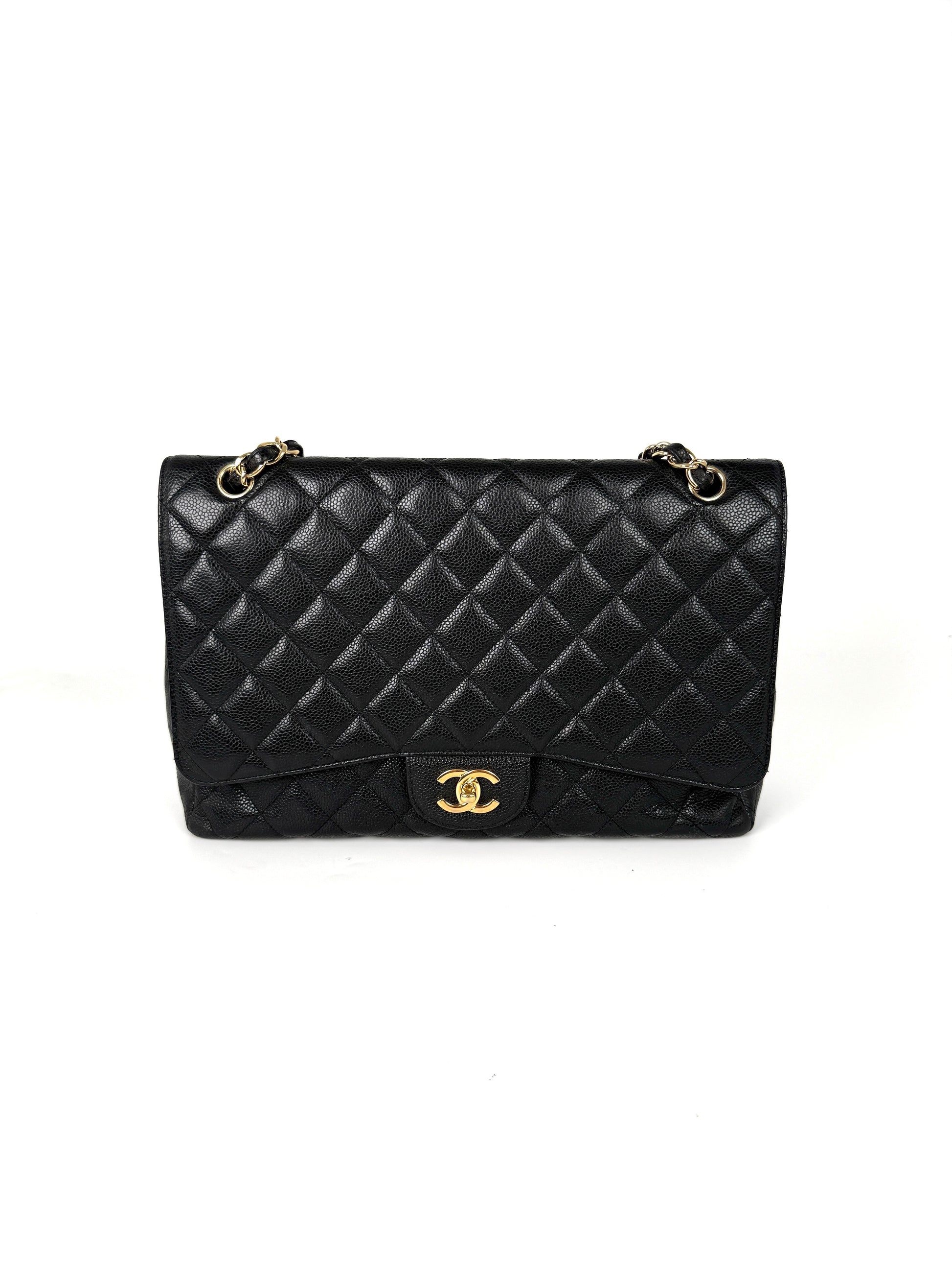 CHANEL Maxi Jumbo Classic Black Caviar Quilted Gold Hardware Single Flap Shoulder Crossbody Bag