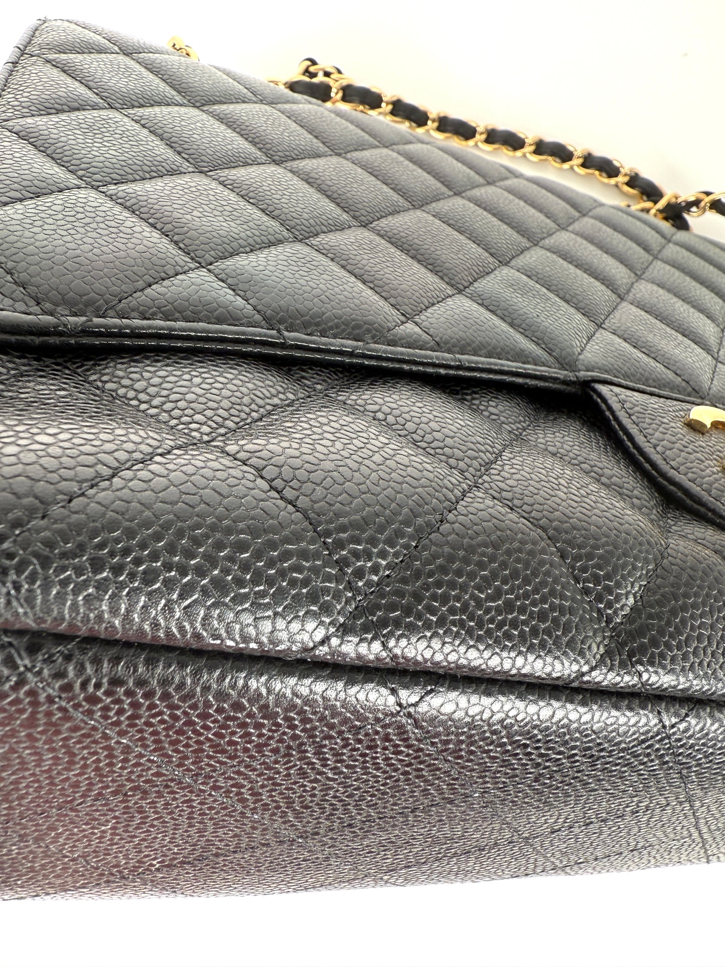 CHANEL Maxi Jumbo Classic Black Caviar Quilted Gold Hardware Single Flap Shoulder Crossbody Bag