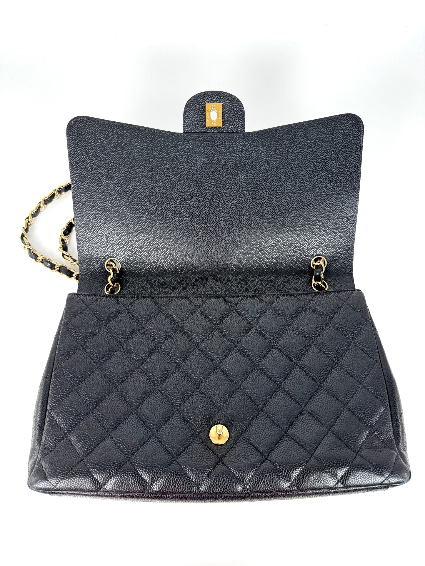 CHANEL Maxi Jumbo Classic Black Caviar Quilted Gold Hardware Single Flap Shoulder Crossbody Bag