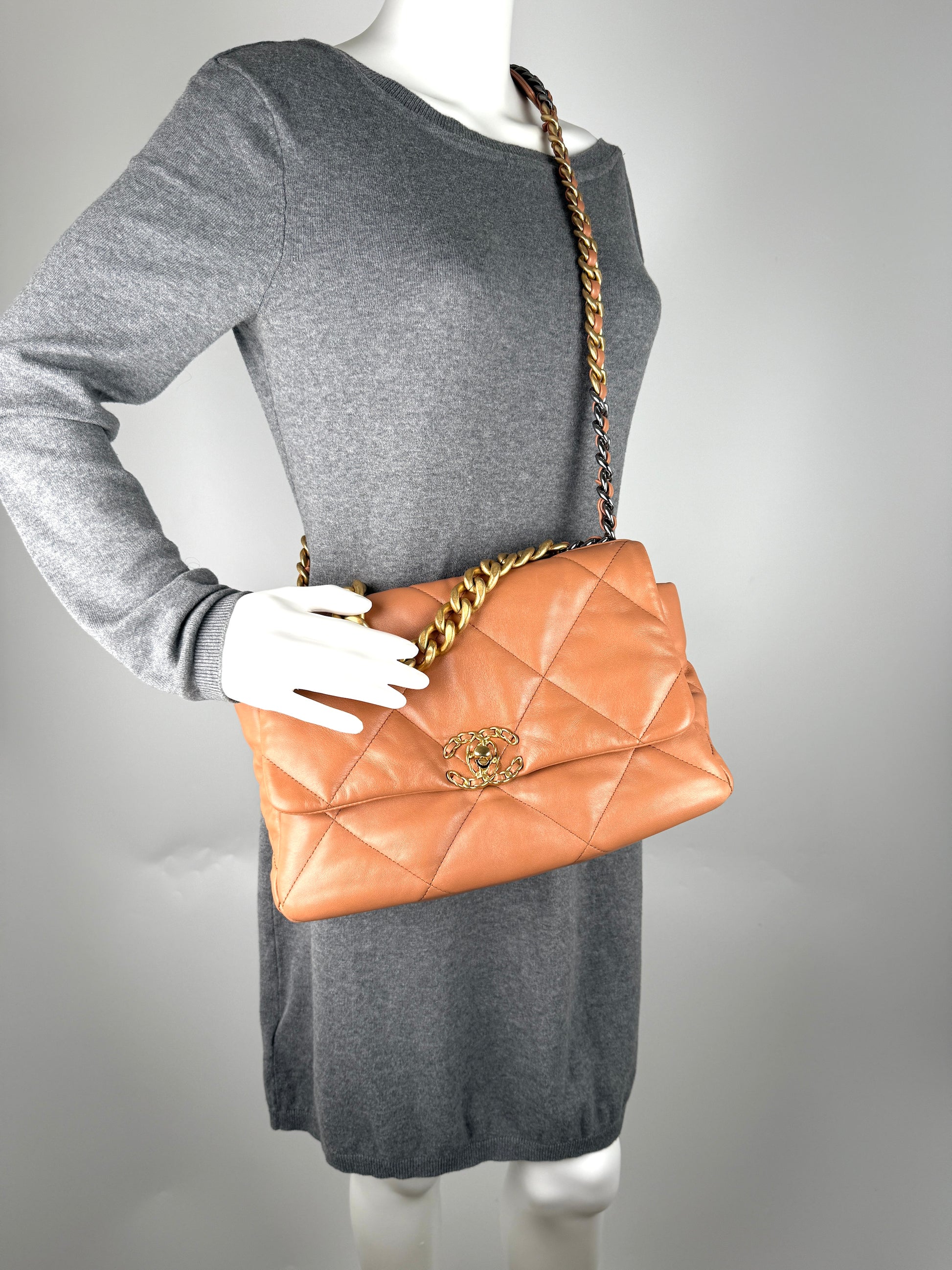 CHANEL 19 2021 Large Brown Quilted Gold Hardware Flap Bag