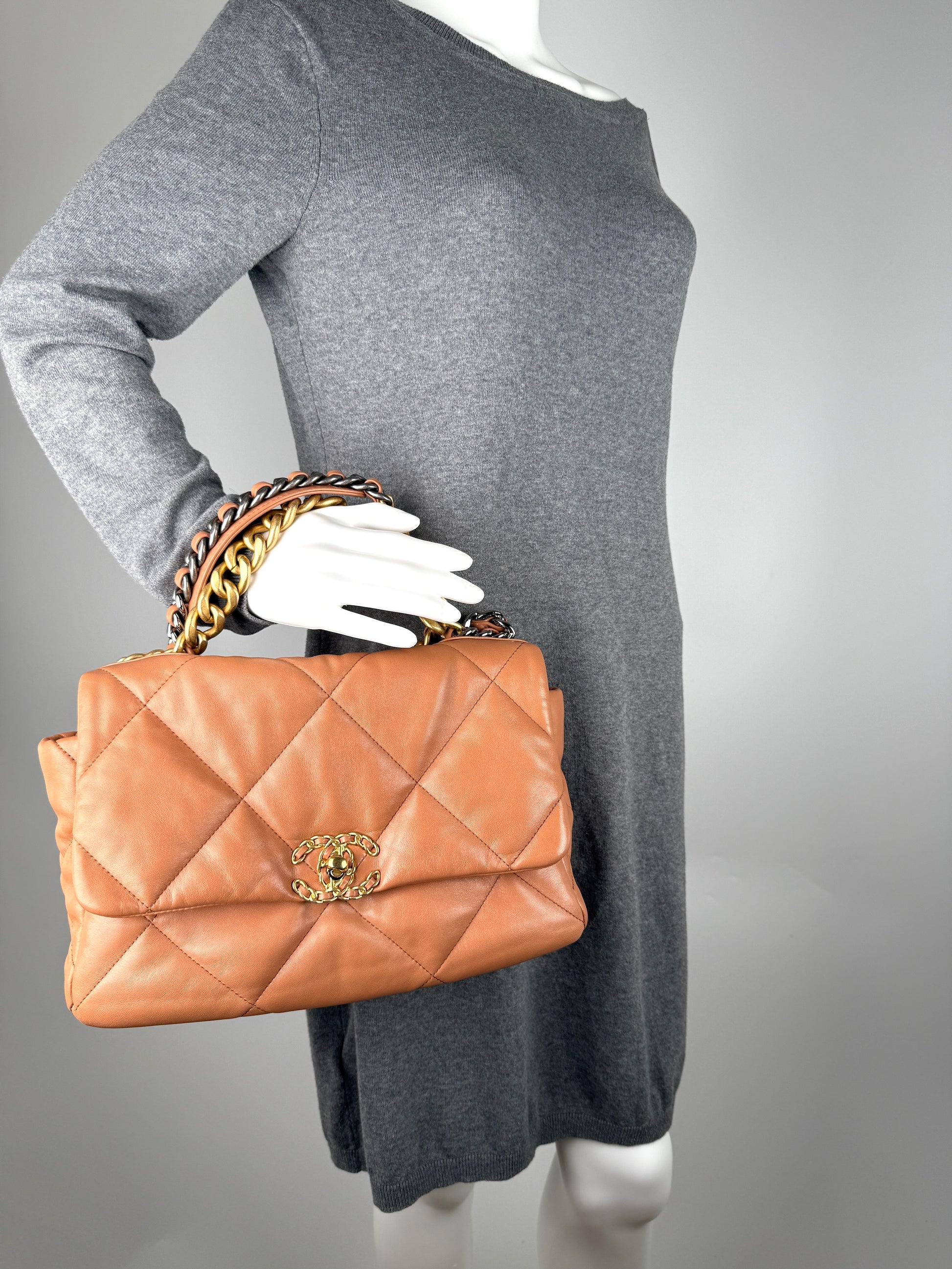 CHANEL 19 2021 Large Brown Quilted Gold Hardware Flap Bag Carmel