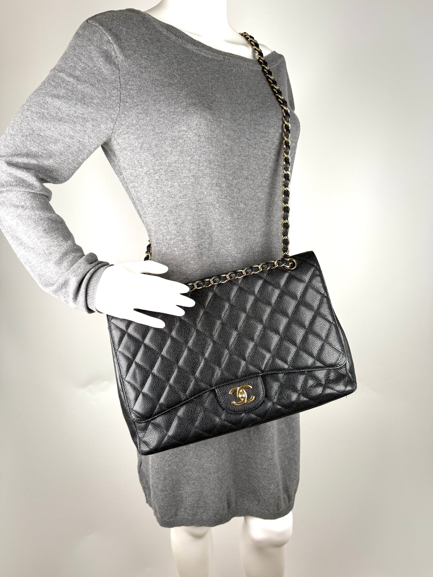 CHANEL Maxi Jumbo Classic Black Caviar Quilted Gold Hardware Single Flap Shoulder Crossbody Bag