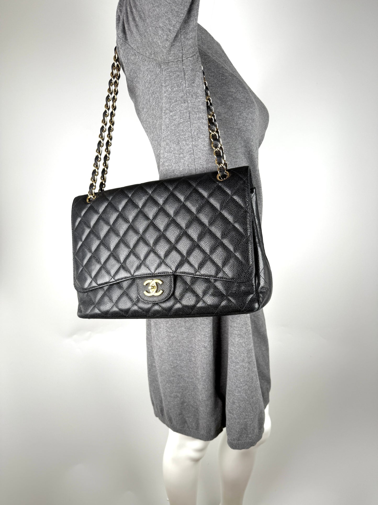 CHANEL Maxi Jumbo Classic Black Caviar Quilted Gold Hardware Single Flap Shoulder Crossbody Bag
