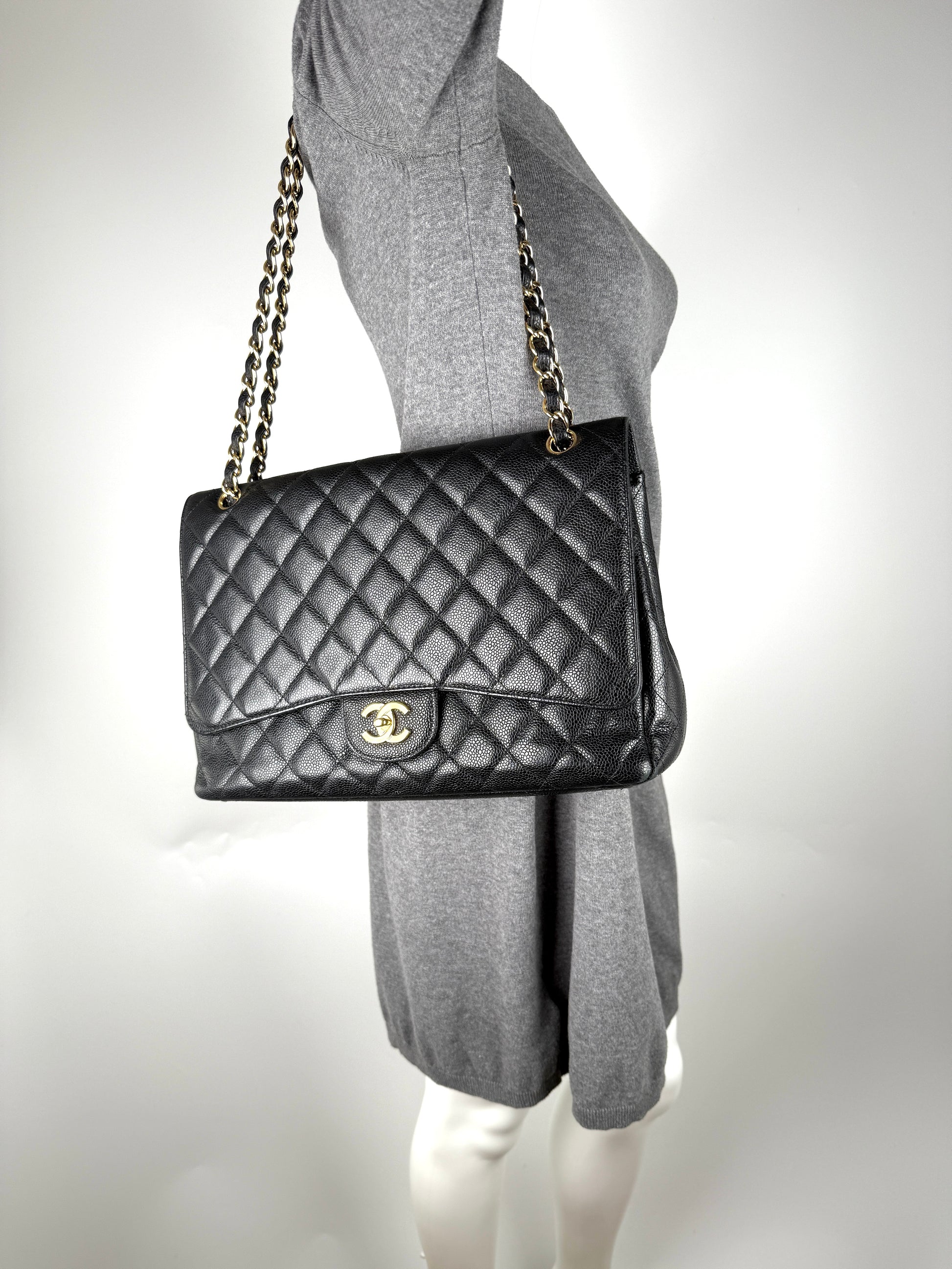 CHANEL Maxi Jumbo Classic Black Caviar Quilted Gold Hardware Single Flap Shoulder Crossbody Bag