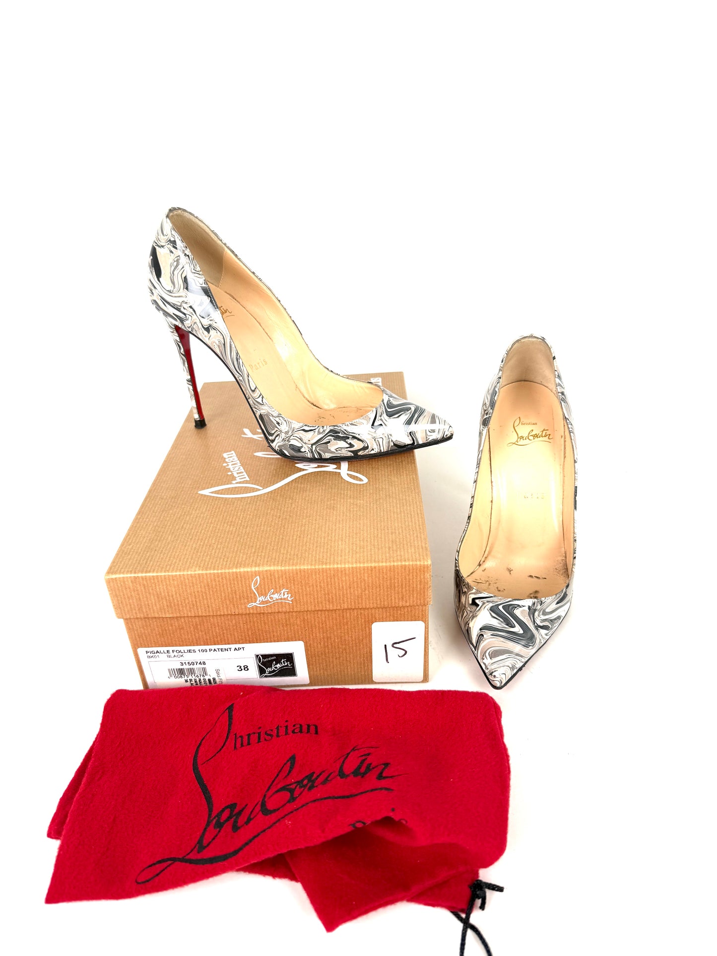 Christian Louboutin Pigalle Follies 100 Patent Leather Black Pointed Toe Heel Pumps 38, 7.5