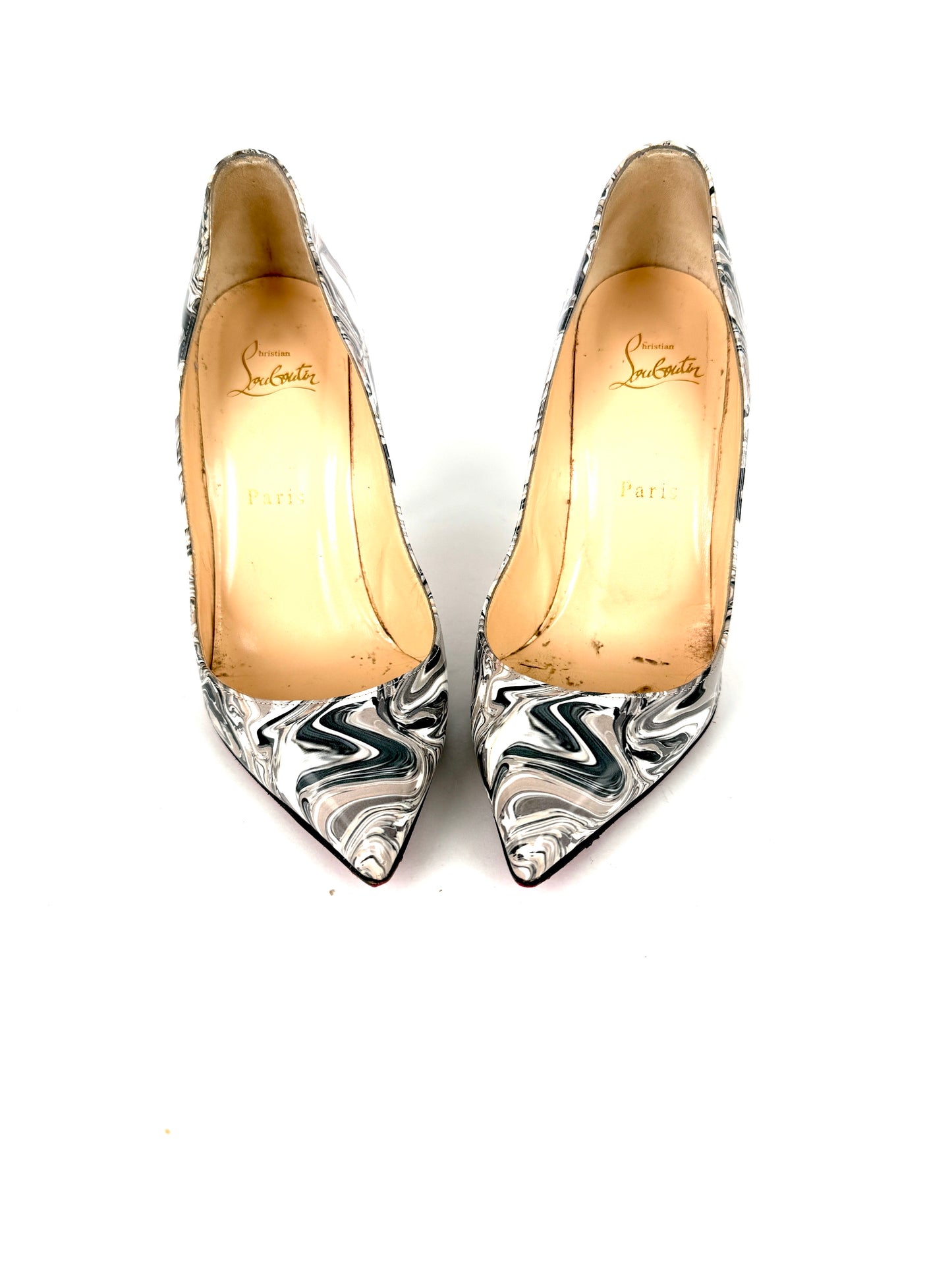 Christian Louboutin Pigalle Follies 100 Patent Leather Black Pointed Toe Heel Pumps 38, 7.5