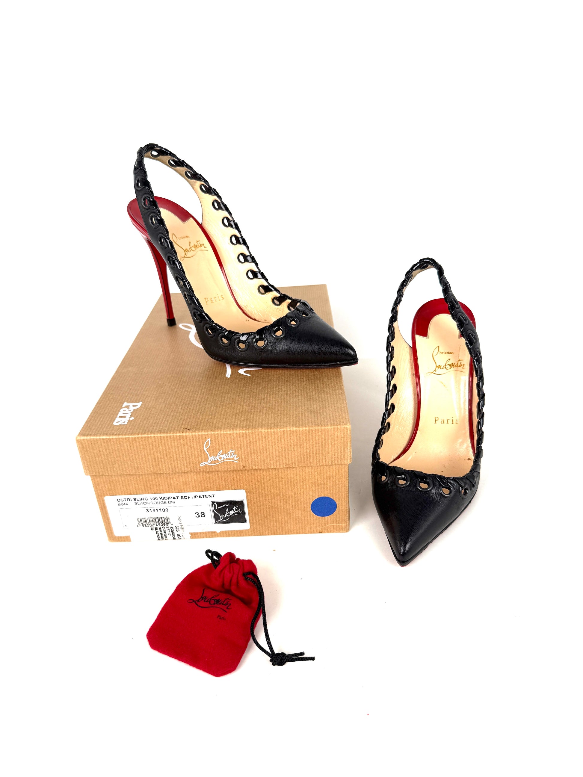 Christian Louboutin Ostri Sling 100  Leather Black Red Pointed Toe Slingbacks 38, 7.5