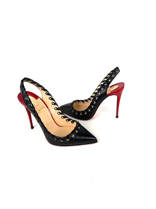 Christian Louboutin Ostri Sling 100  Leather Black Red Pointed Toe Slingbacks 38, 7.5