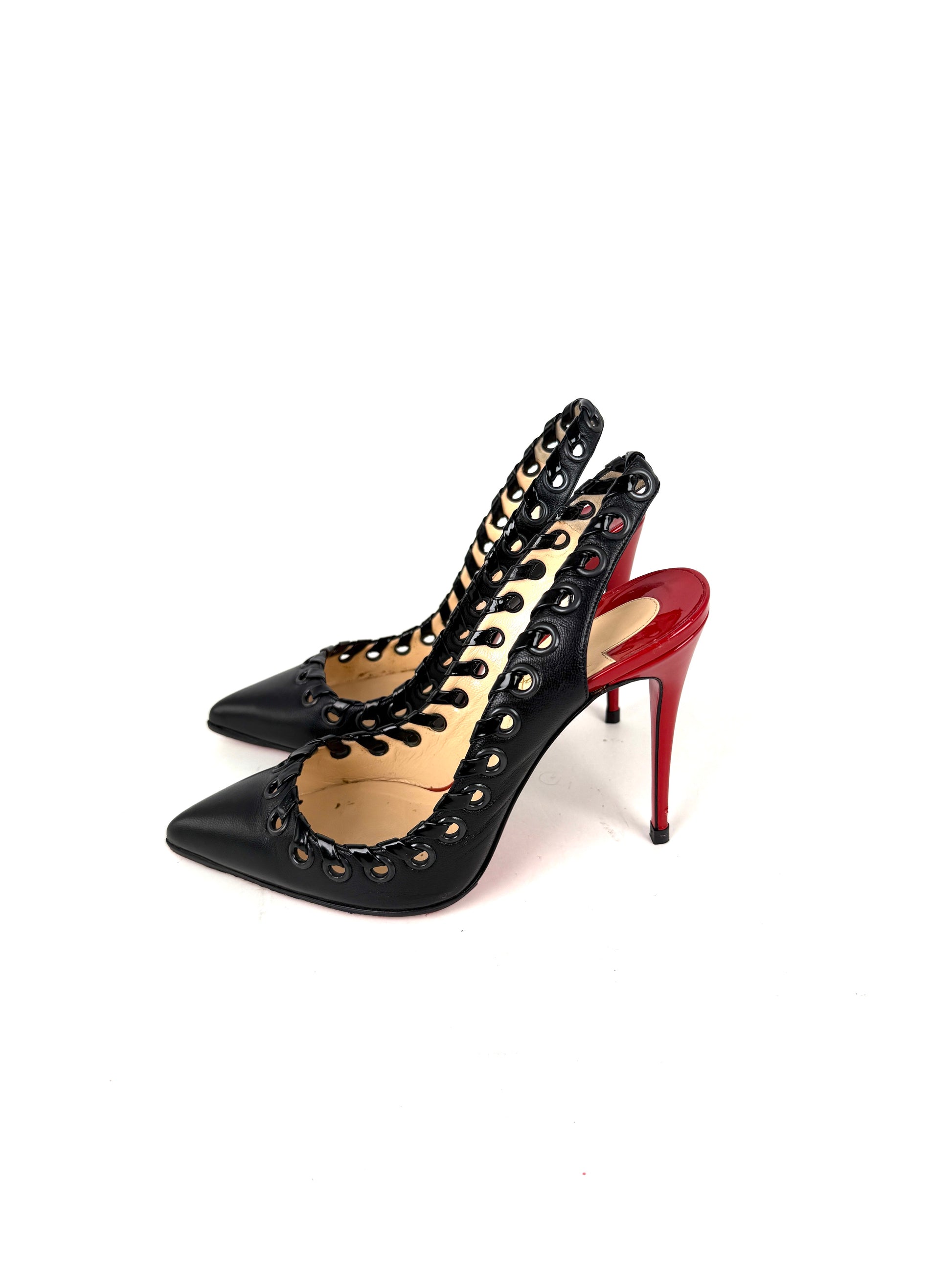 Christian Louboutin Ostri Sling 100  Leather Black Red Pointed Toe Slingbacks 38, 7.5