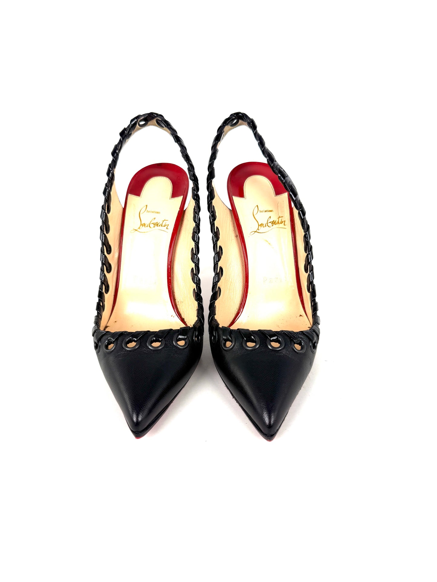Christian Louboutin Ostri Sling 100  Leather Black Red Pointed Toe Slingbacks 38, 7.5