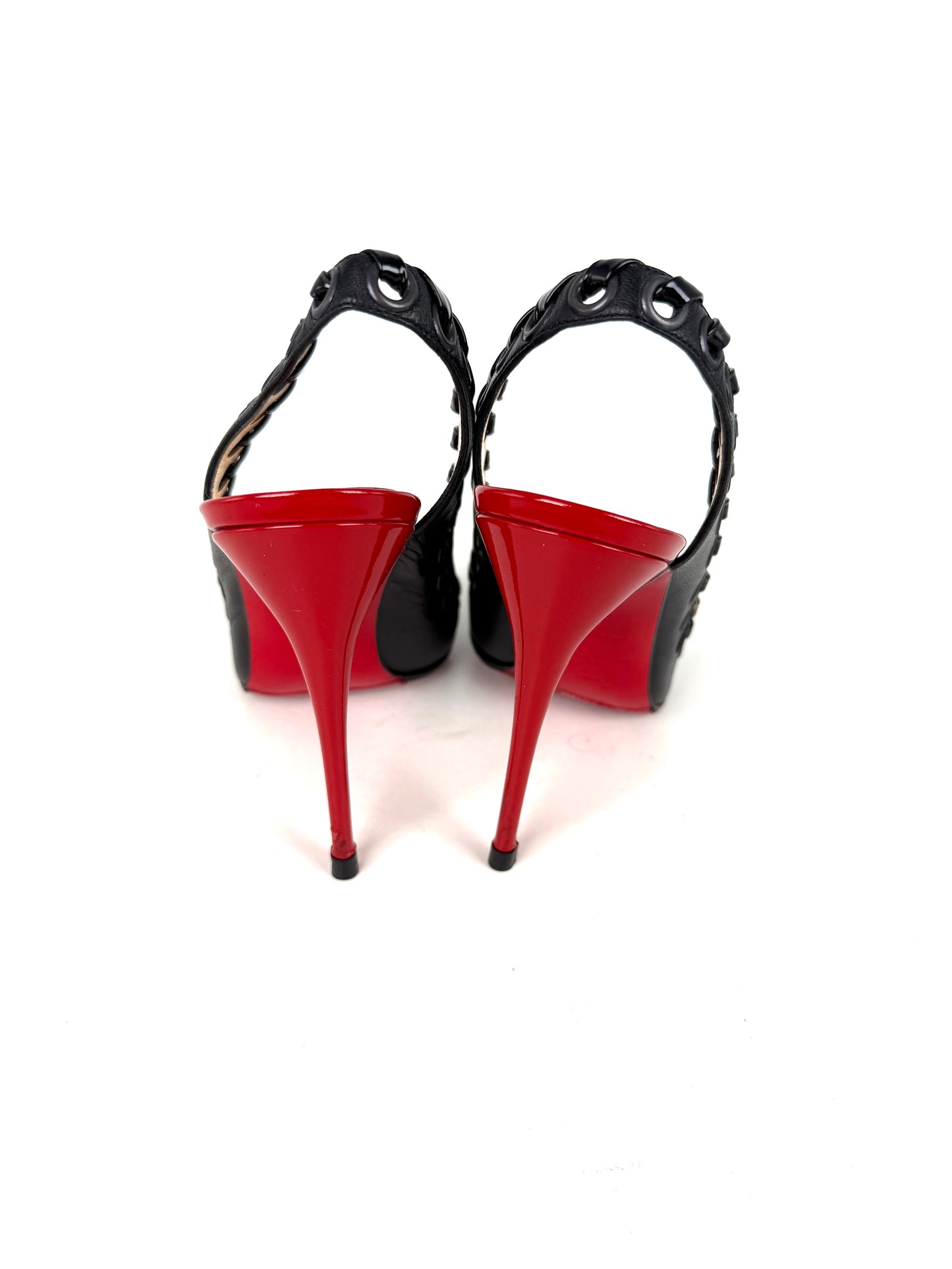Christian Louboutin Ostri Sling 100  Leather Black Red Pointed Toe Slingbacks 38, 7.5