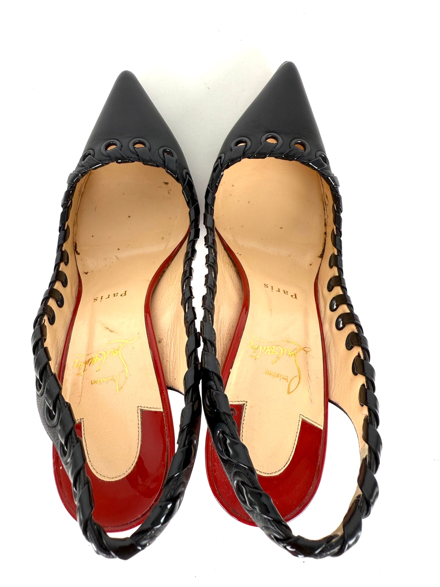 Christian Louboutin Ostri Sling 100  Leather Black Red Pointed Toe Slingbacks 38, 7.5