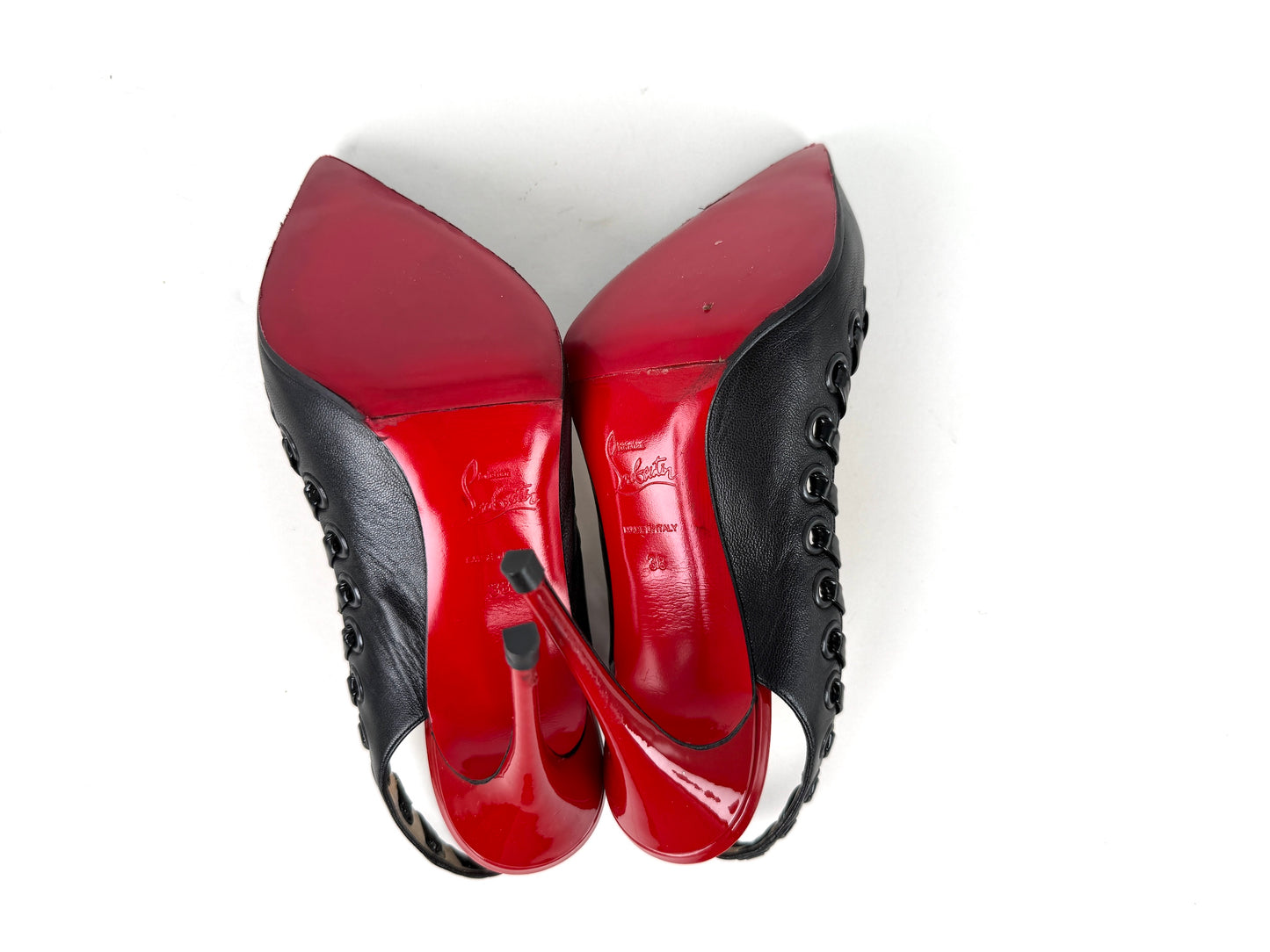 Christian Louboutin Ostri Sling 100  Leather Black Red Pointed Toe Slingbacks 38, 7.5