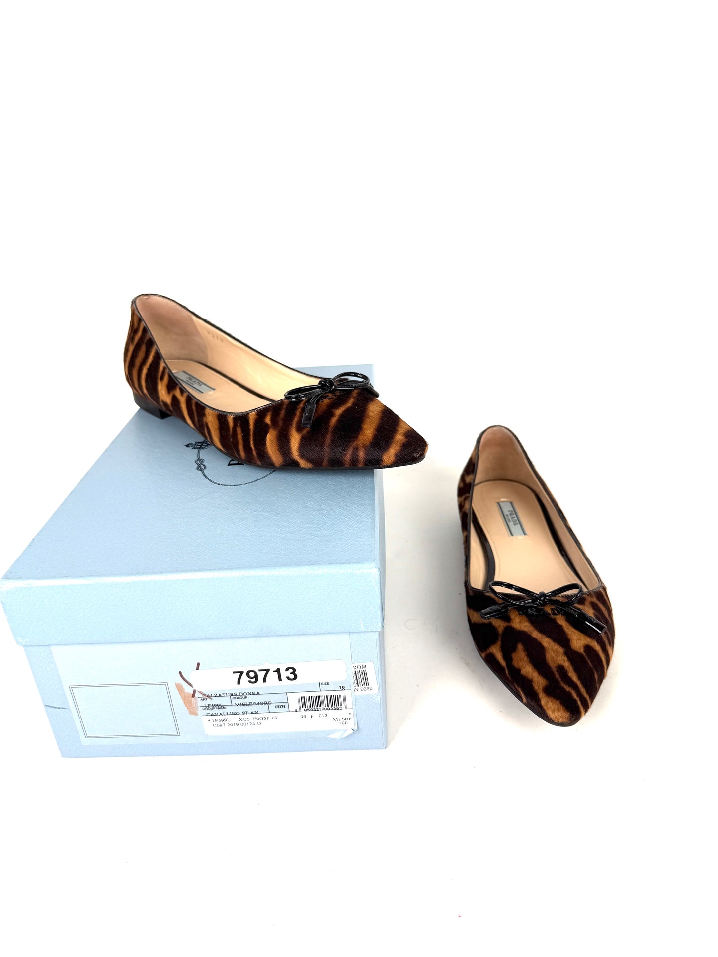 PRADA Cavallino Leopard Calf Hair Bow Pointed Toe Flats 38, 7.5